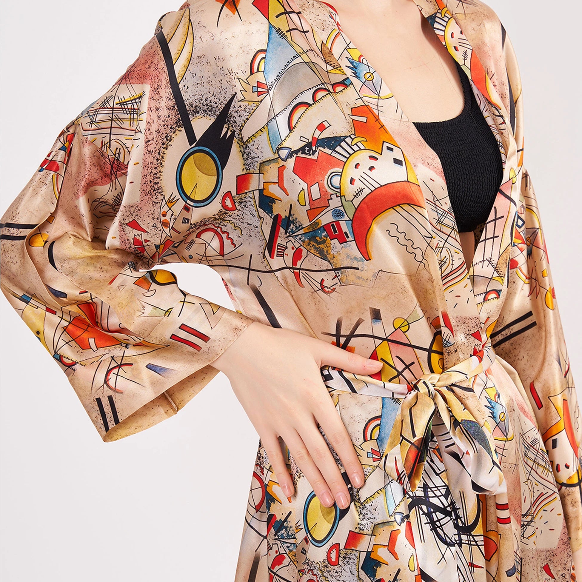 %100 İpek Uzun Kimono Kaftan | Kandinsky Bustling Aquarelle | Nomads Felt