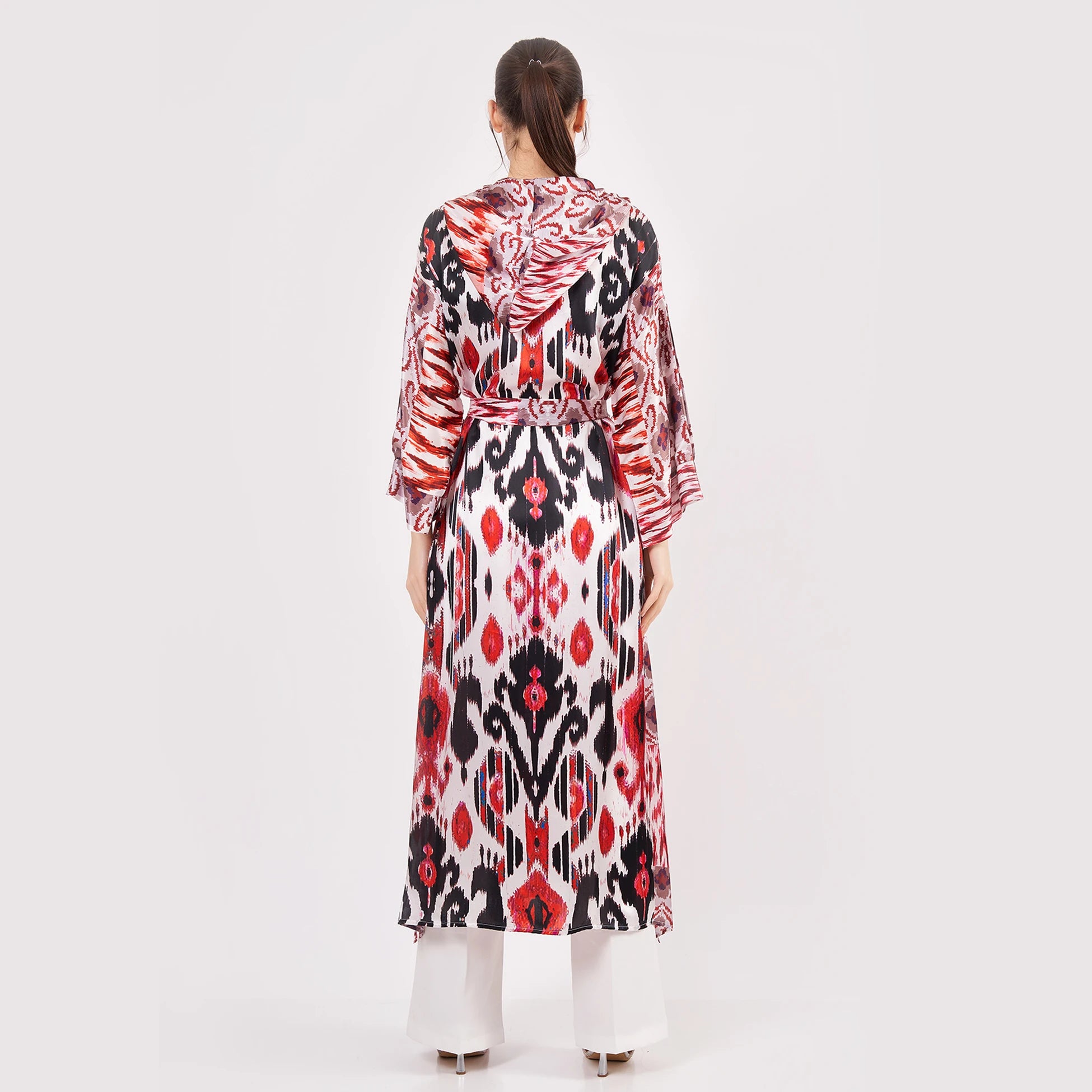 Saf İpek Kapüşonlu Kimono Kaftan İkat Desen 18 | Nomads Felt
