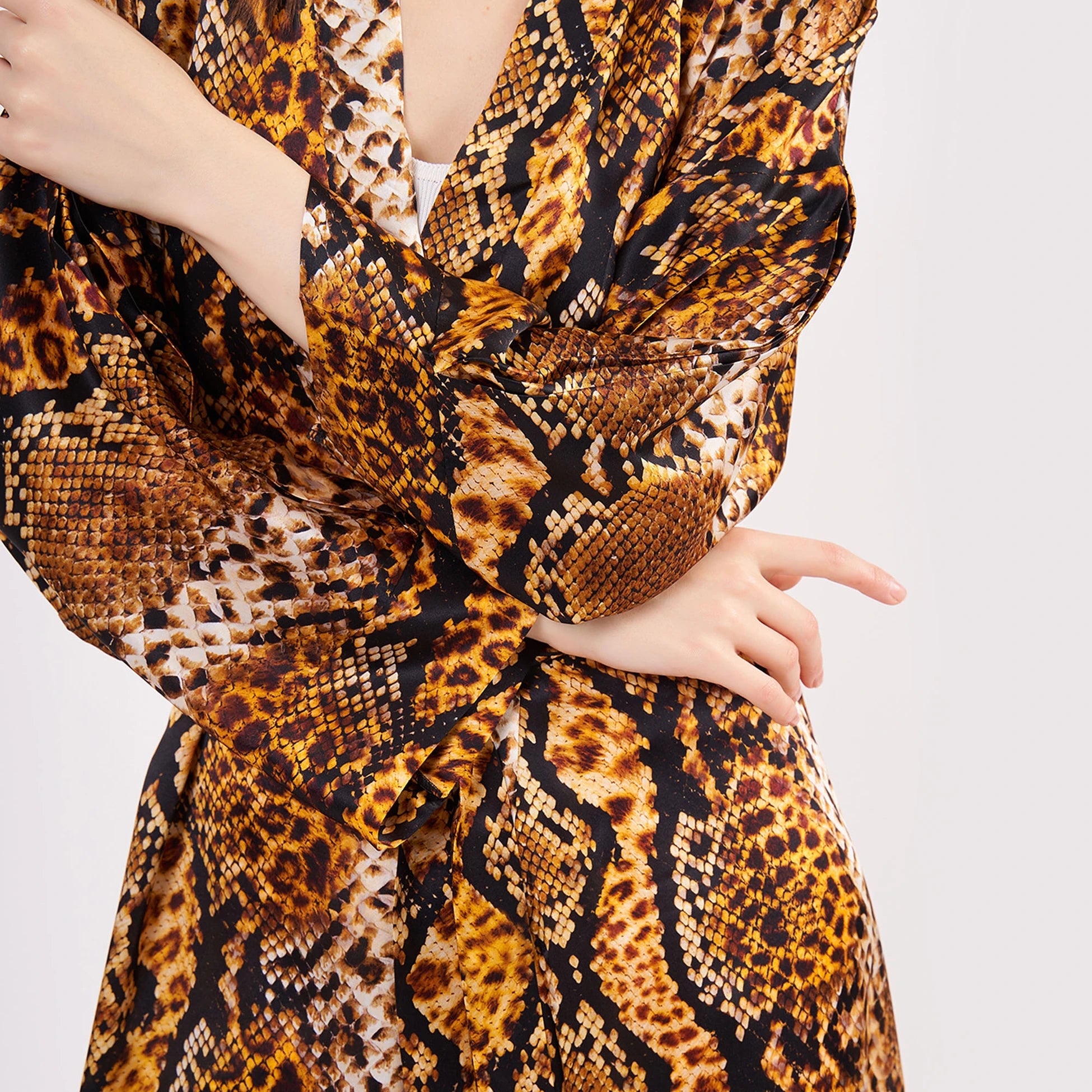 %100 İpek Uzun Kimono | Gold-Kahve | Yılan Derisi Desen | Nomads Felt
