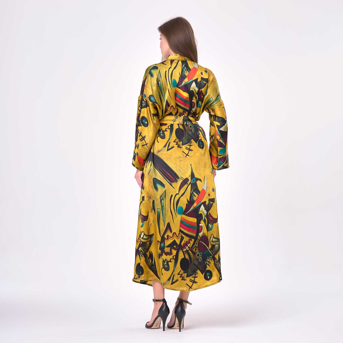 %100 İpek Uzun Kimono Kaftan | Point And Line Desenli