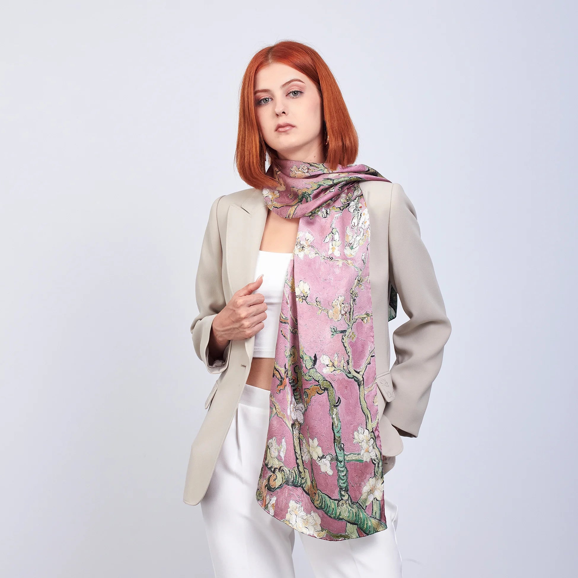 %100 İpek Fular | 55x180 cm | Pembe Van Gogh Badem Ağacı | Nomads Felt