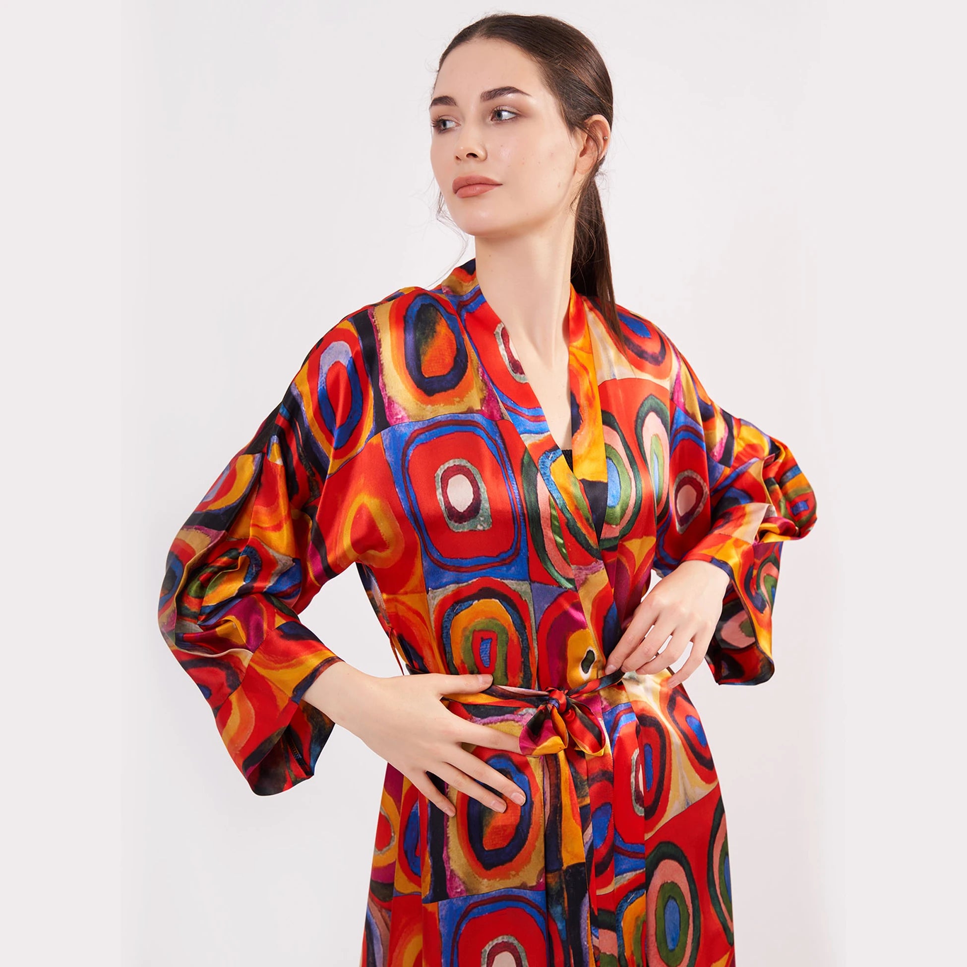 %100 İpek Uzun Kimono Kaftan | Kandinsky Squares with Circles | Nomads Felt