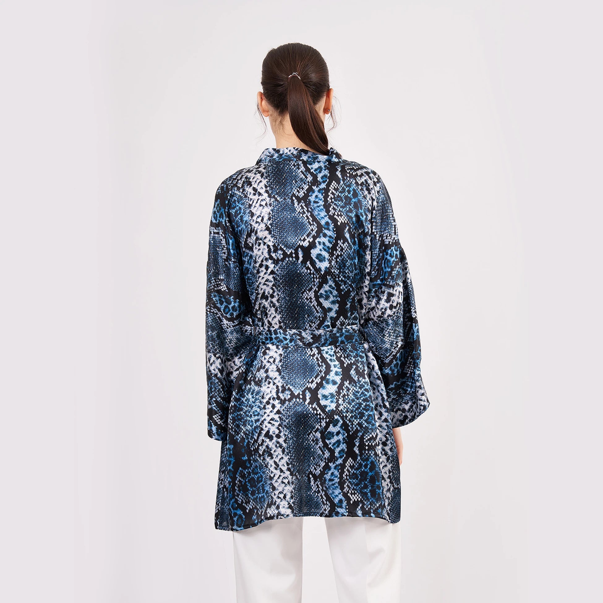 Saf İpek Kısa Kimono Kaftan | Yılan Derisi Desen Mavi | Nomads Felt