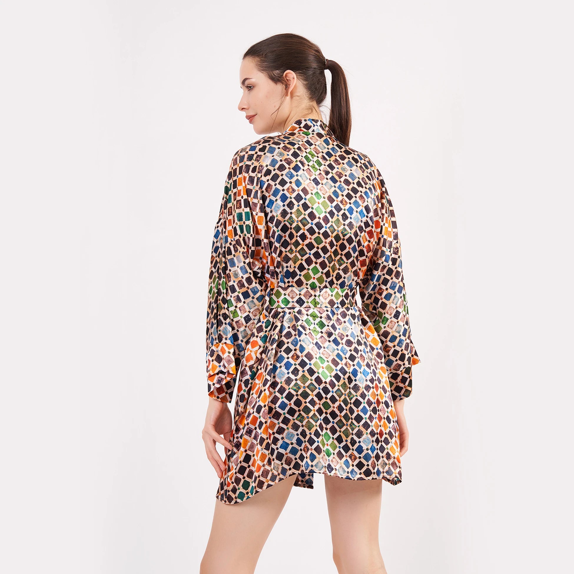 Saf İpek Kısa Kimono Kaftan | Elhamra Desen | Nomads Felt