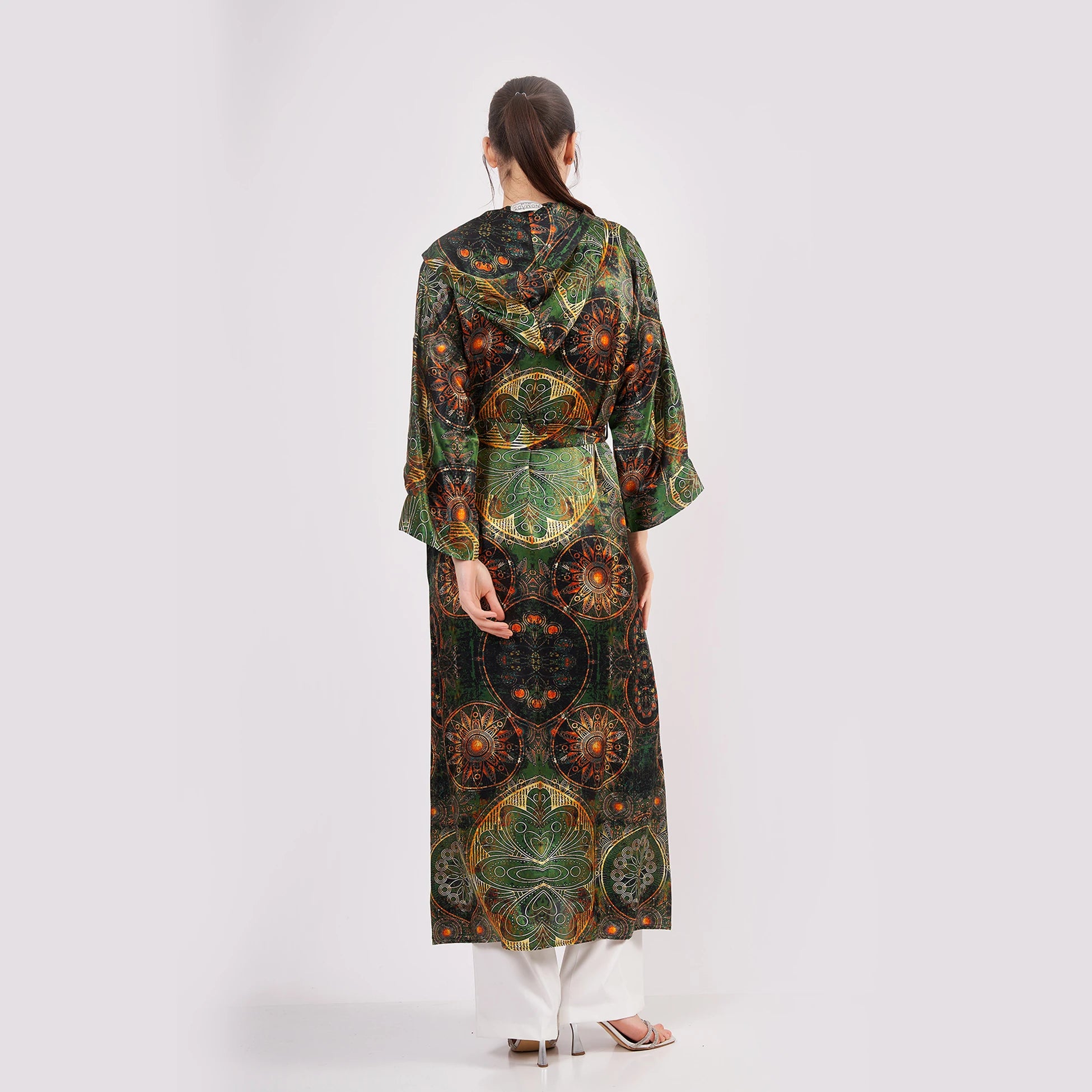 Saf İpek Kapüşonlu Kimono Kaftan | Mandala Desen Haki | Nomads Felt
