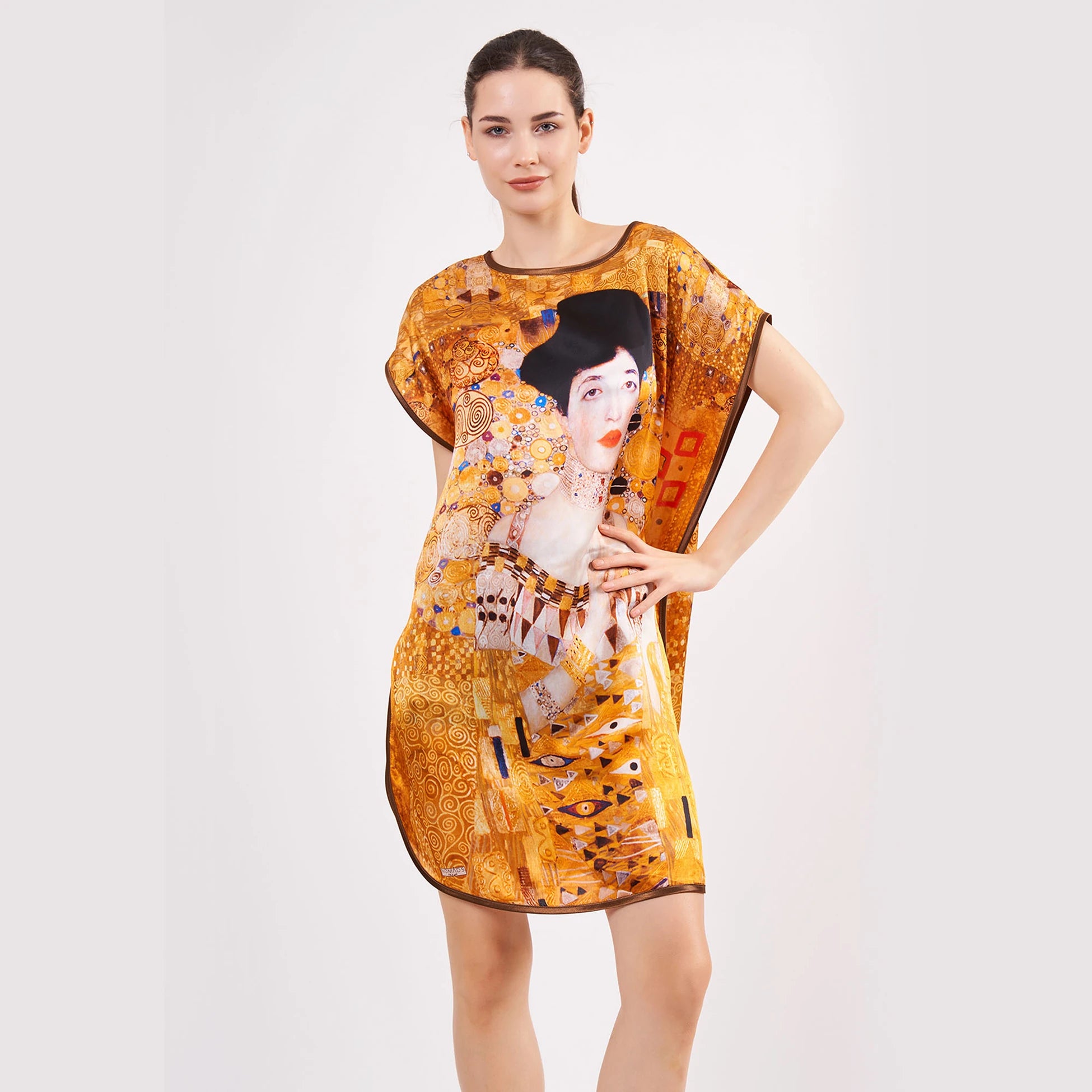 Gustav Klimt Adele Bloch Bauer Desenli Kısa İpek Elbise