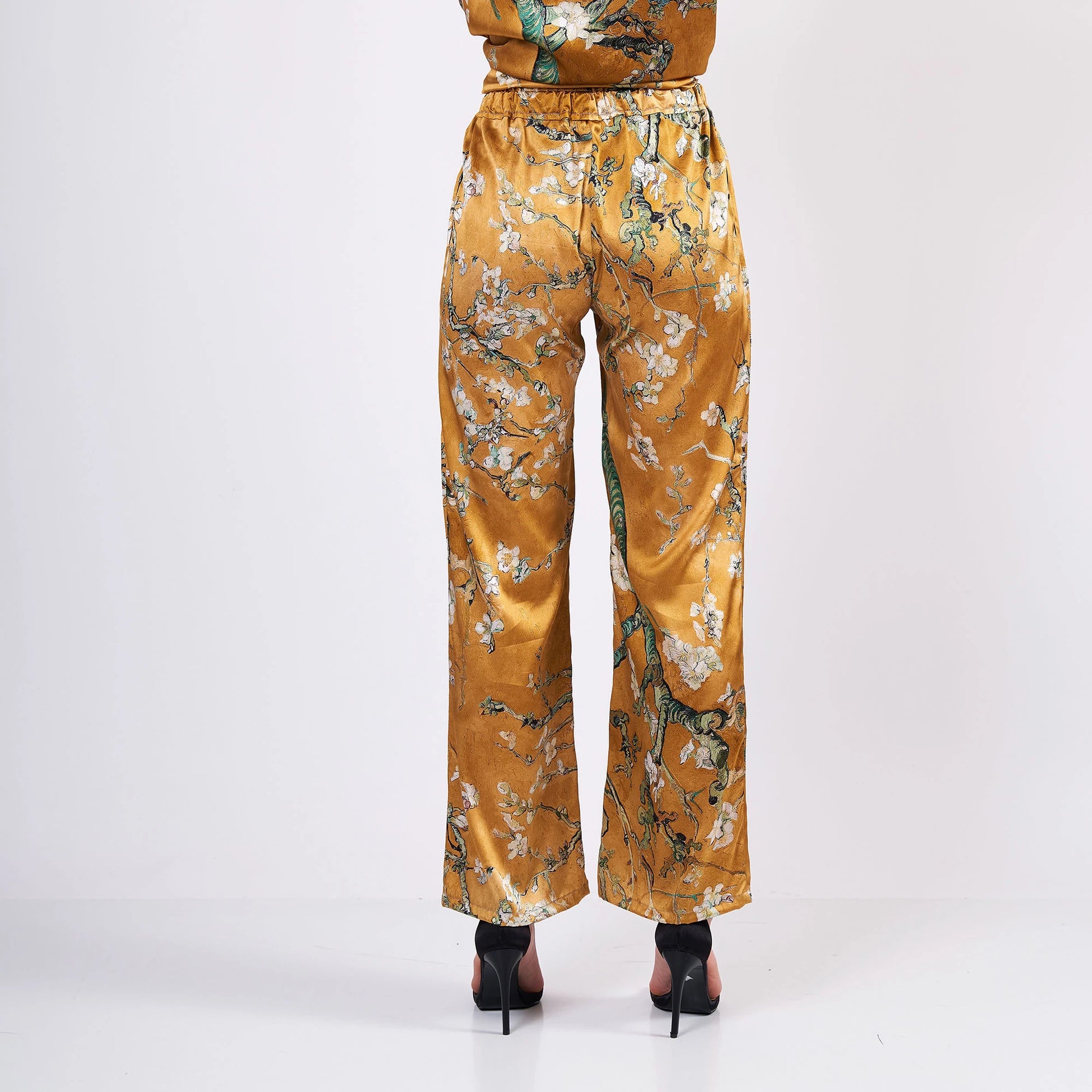 Saf İpek Gömlek-Pantolon-Pijama Takımı | Van Gogh Badem Ağacı Gold | Nomads Felt