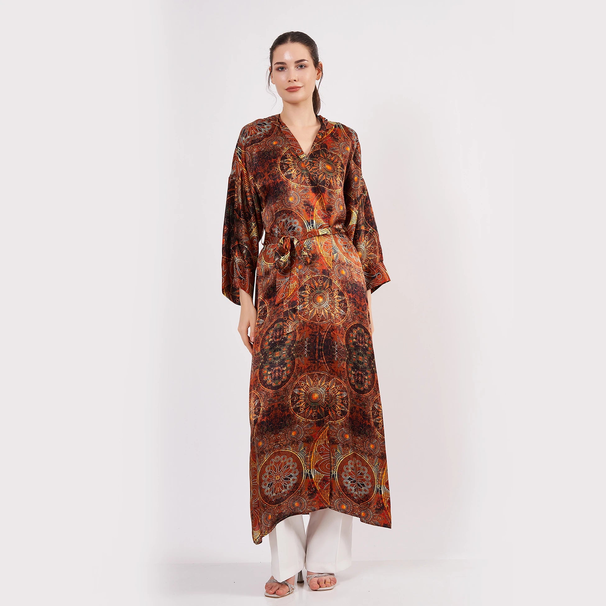 İpek Kapüşonlu Kimono Kaftan | Mandala Desen Kahverengi | Nomads Felt