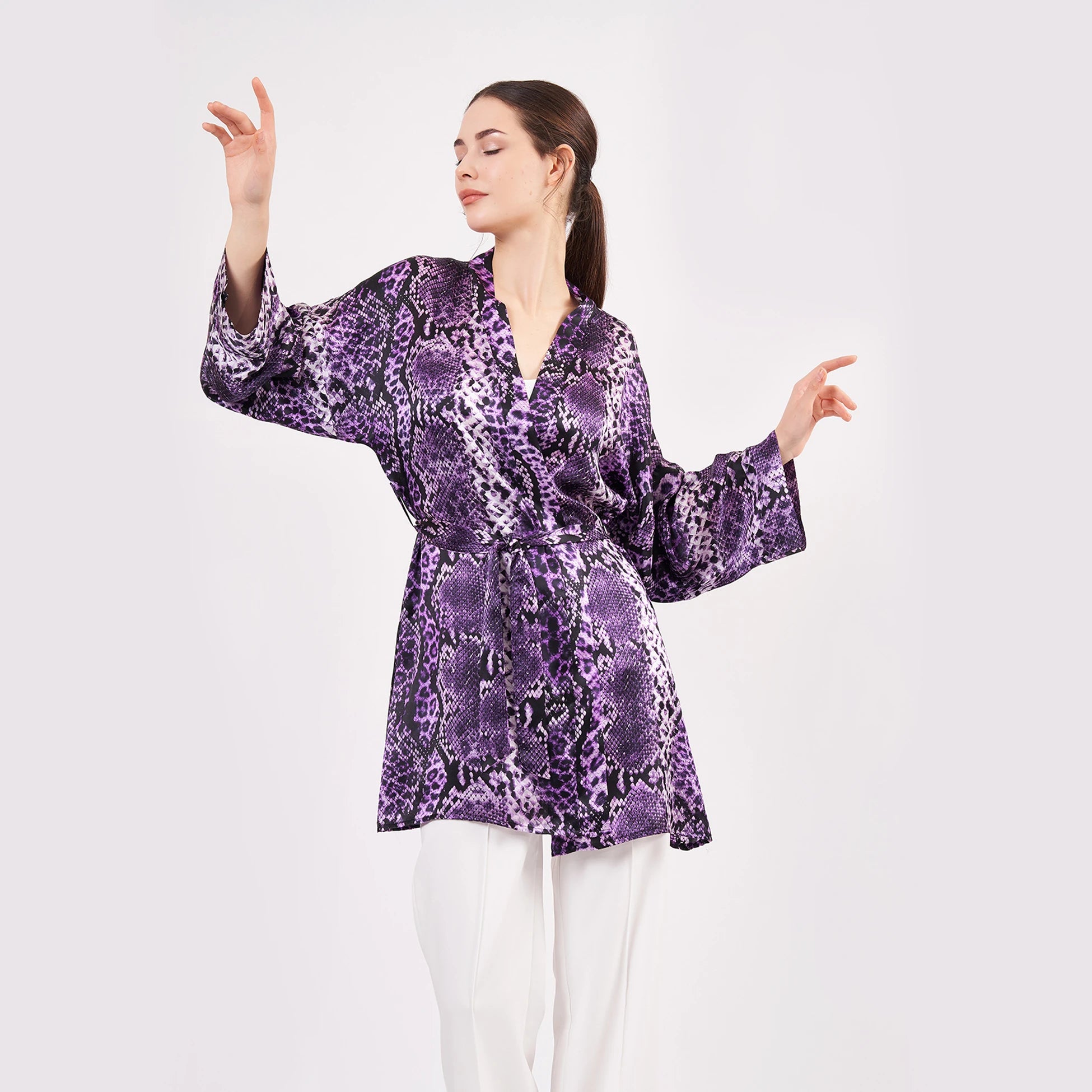 Saf İpek Kısa Kimono Kaftan | Yılan Derisi Desen Mor | Nomads Felt
