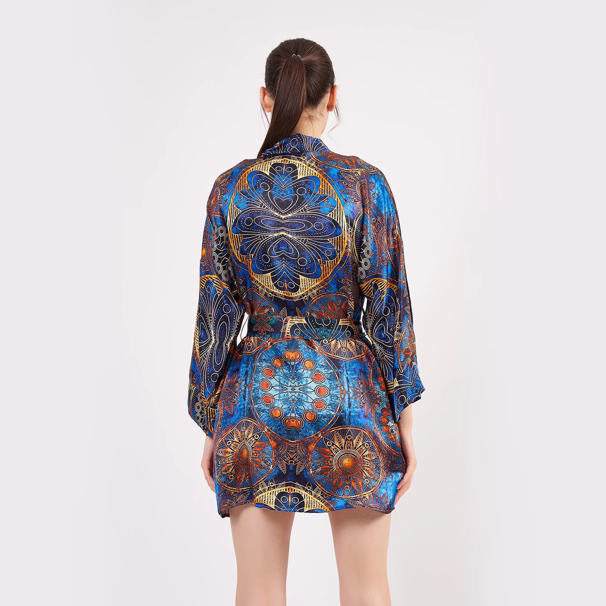 Saf İpek Kısa Kimono Kaftan | Mandala Desen 1 Mavi | Nomads Felt