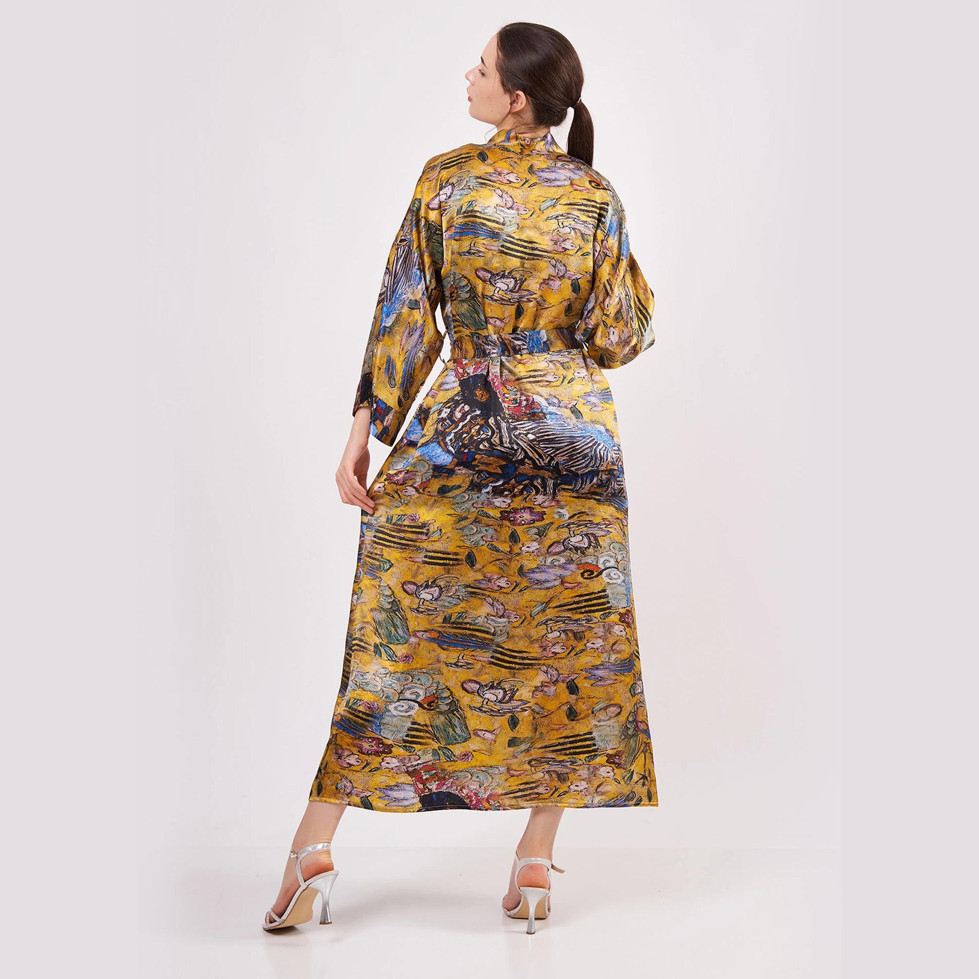 %100 İpek Uzun Kimono Kaftan | Gold Desenli | Nomads Felt