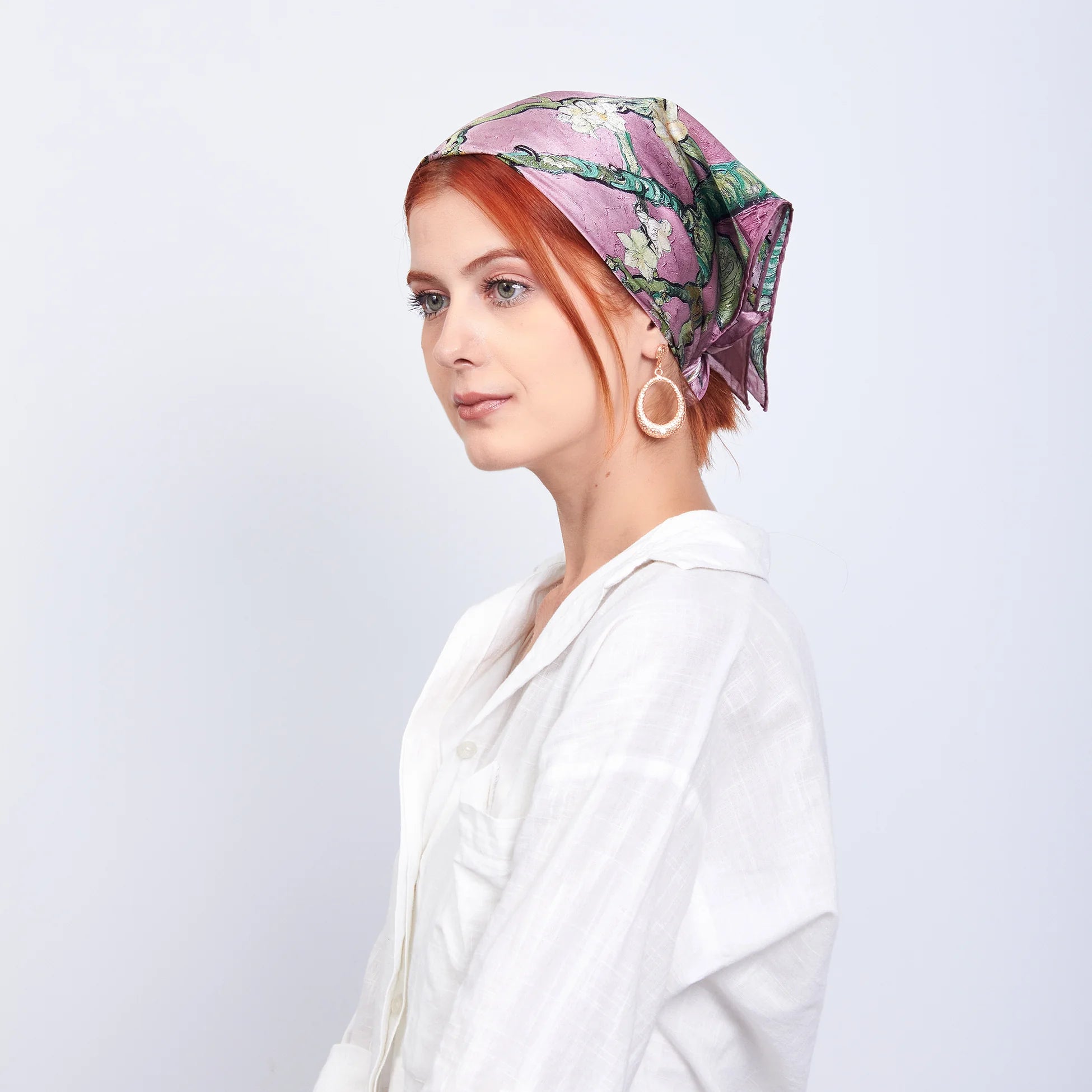 %100 İpek Fular Bandana | 55x55 cm | Gül Kurusu Van Gogh Badem Ağacı | Nomads Felt