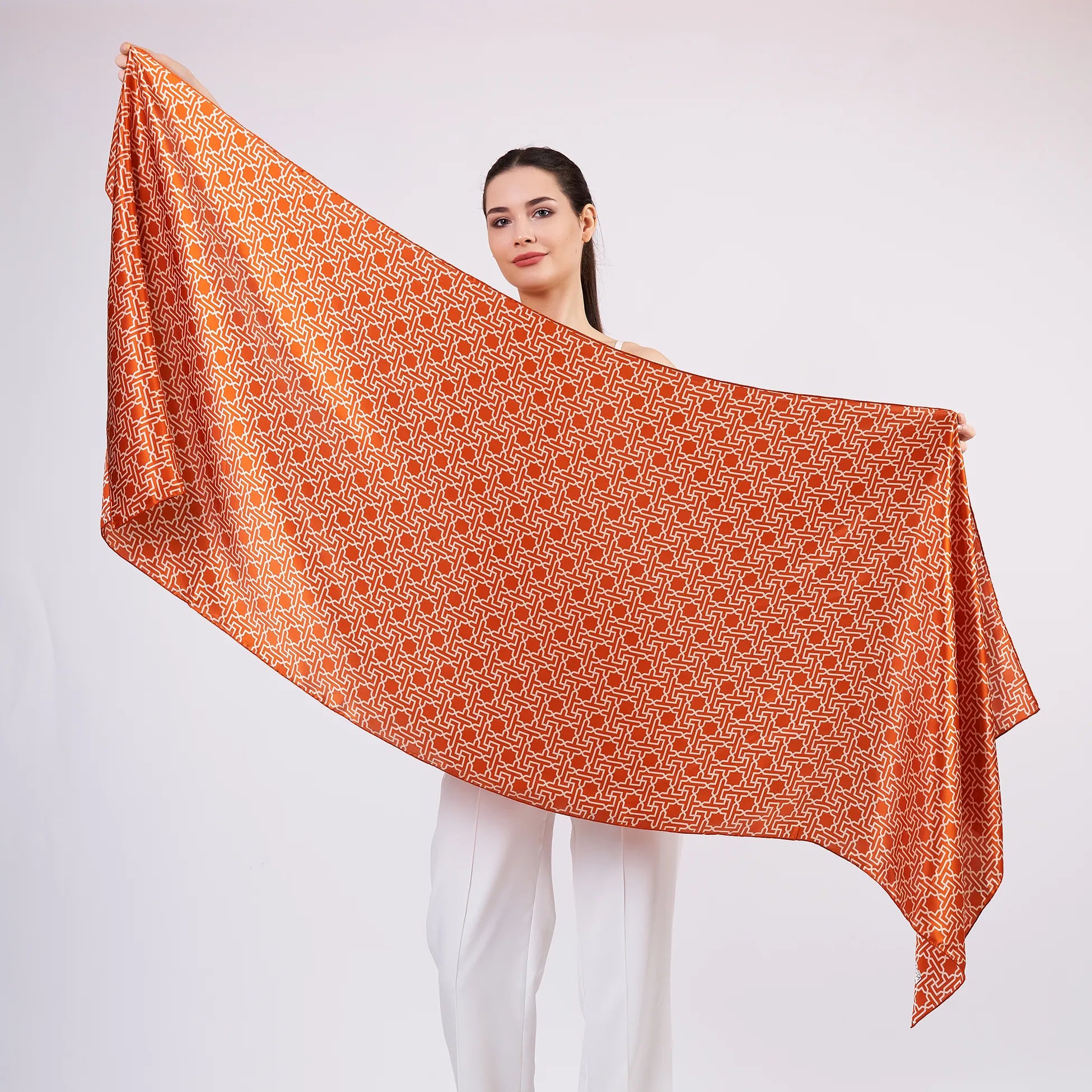 Saf İpek Fular | Kiremit | Unisex | Selçuklu Vektörel Yıldız Desen | Nomads Felt