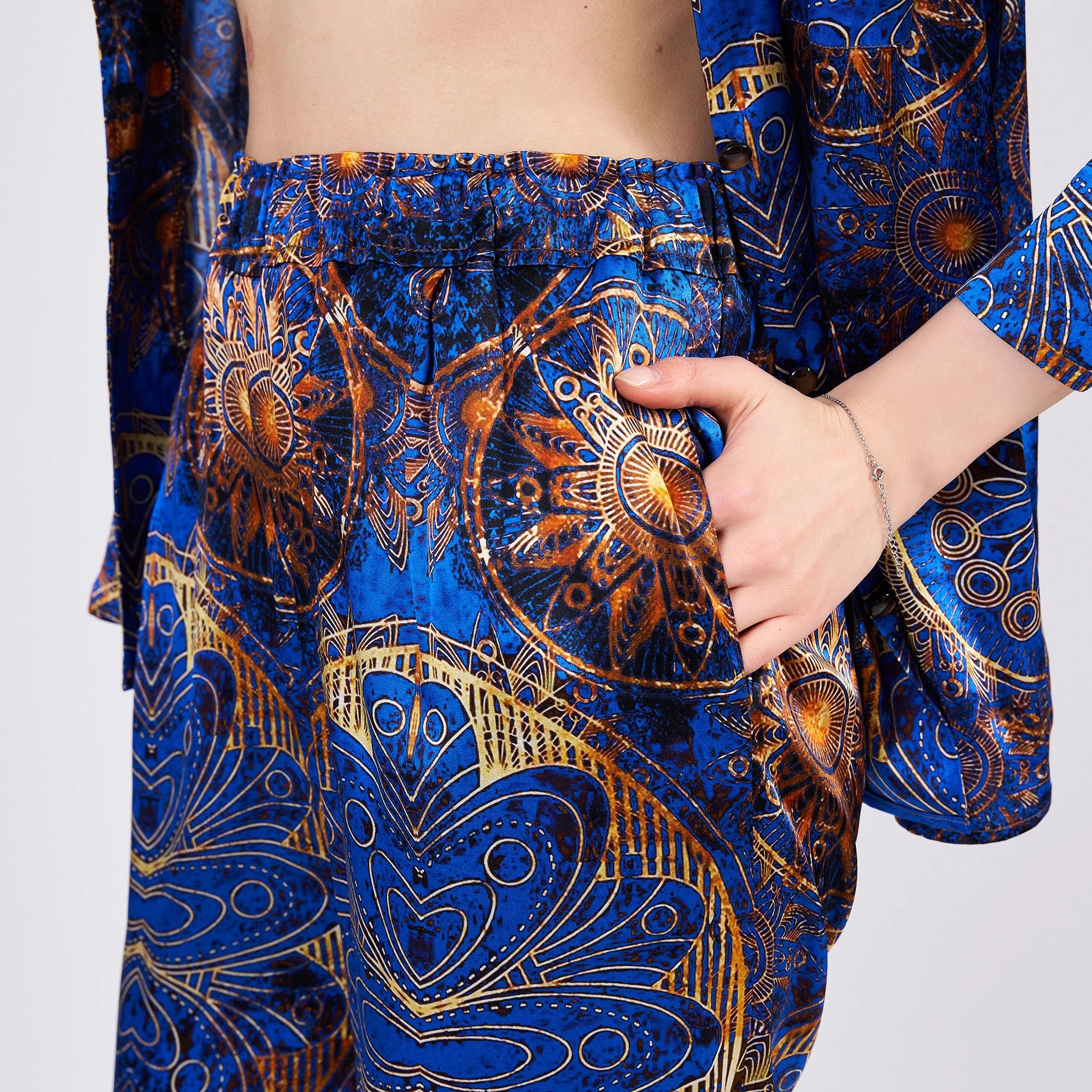 Saf İpek Gömlek-Pantolon-Pijama Takımı | Mandala Desen Saks Mavi | Nomads Felt