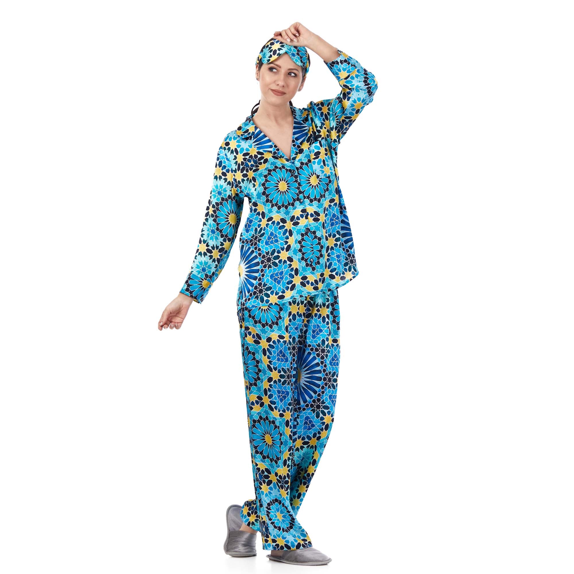 %100 İpek Gömlek-Pantolon / Pijama Takımı | Mavi Desenli | Nomads Felt