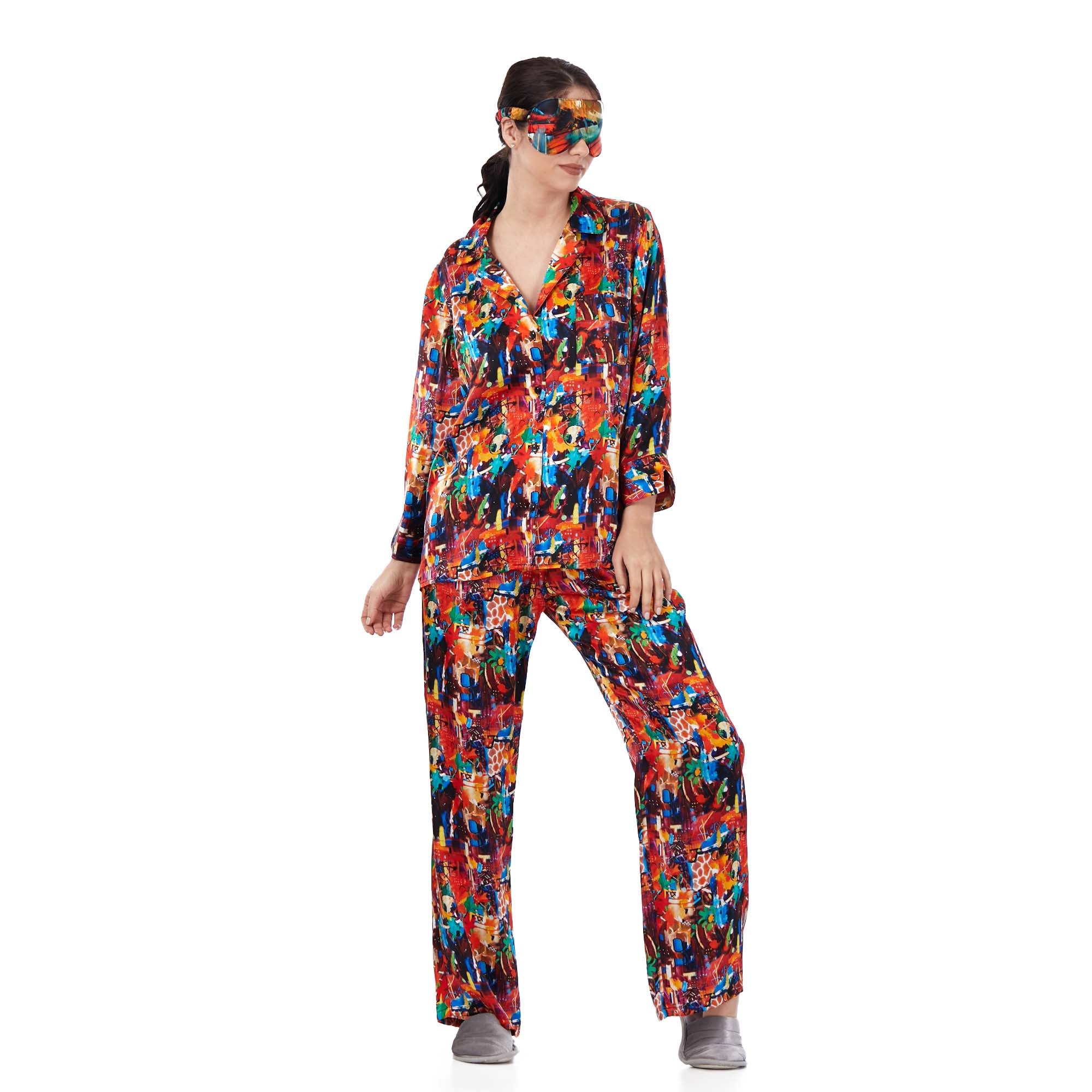İpek Gömlek Pantolon-Pijama Takımı | Abstract Desen 9 | Nomads Felt