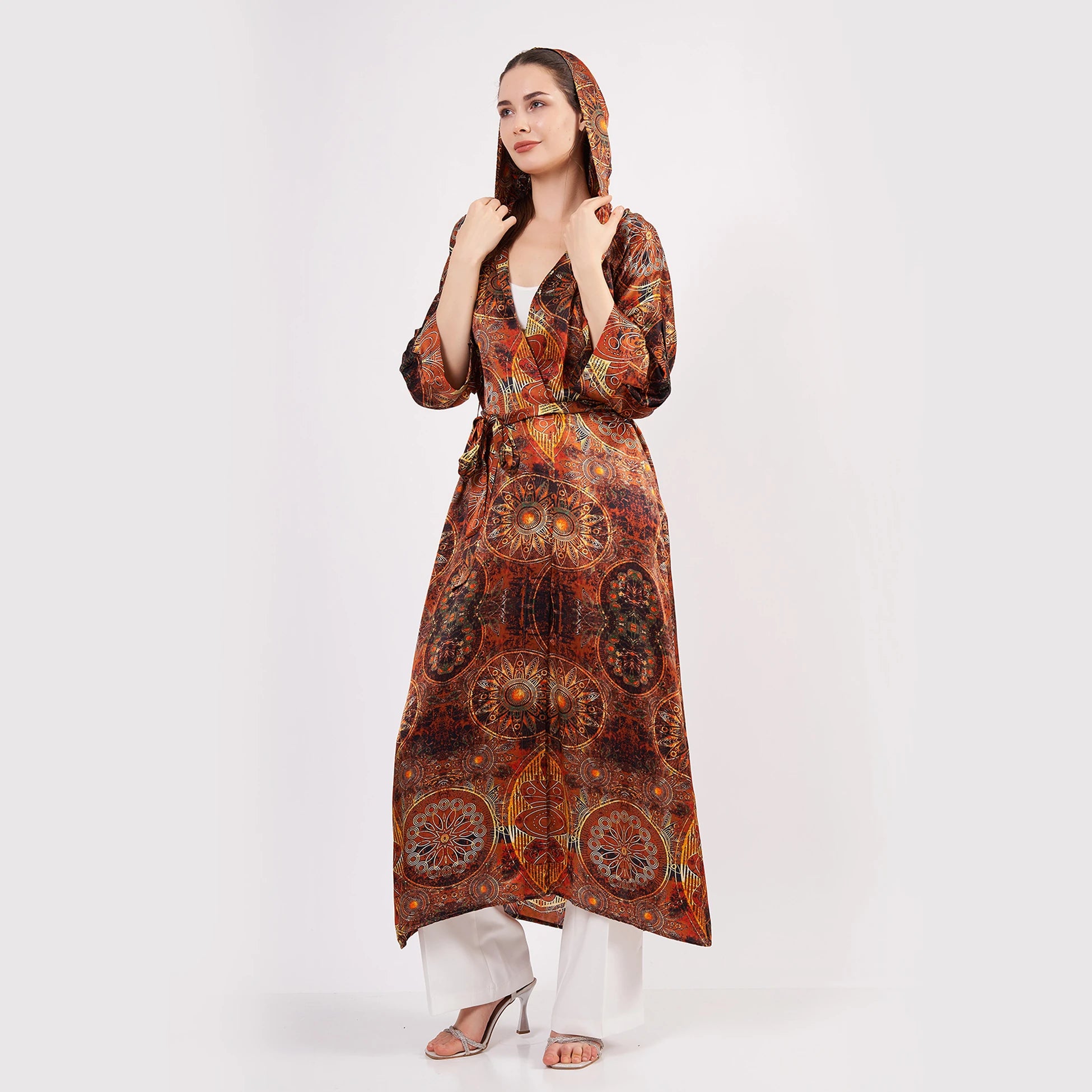 İpek Kapüşonlu Kimono Kaftan | Mandala Desen Kahverengi | Nomads Felt