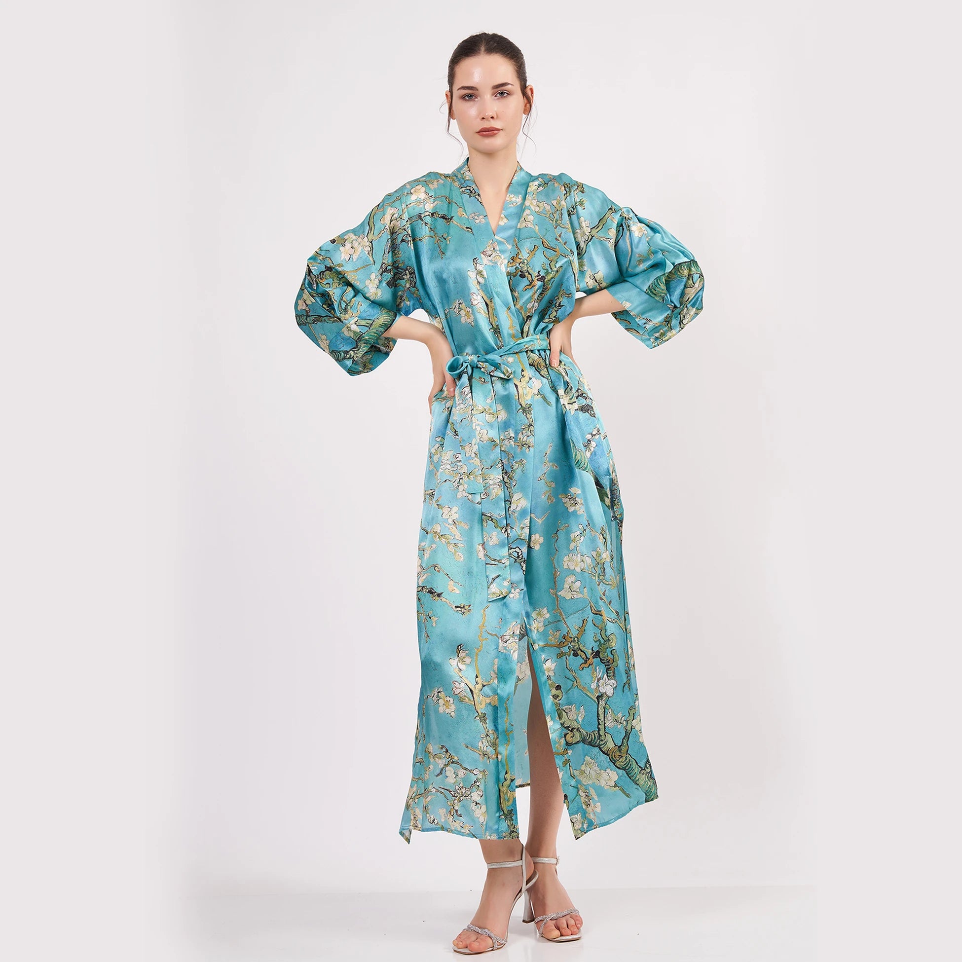 %100 İpek Uzun Kimono Kaftan | Turkuaz | Van Gogh Badem Ağacı | Nomads Felt
