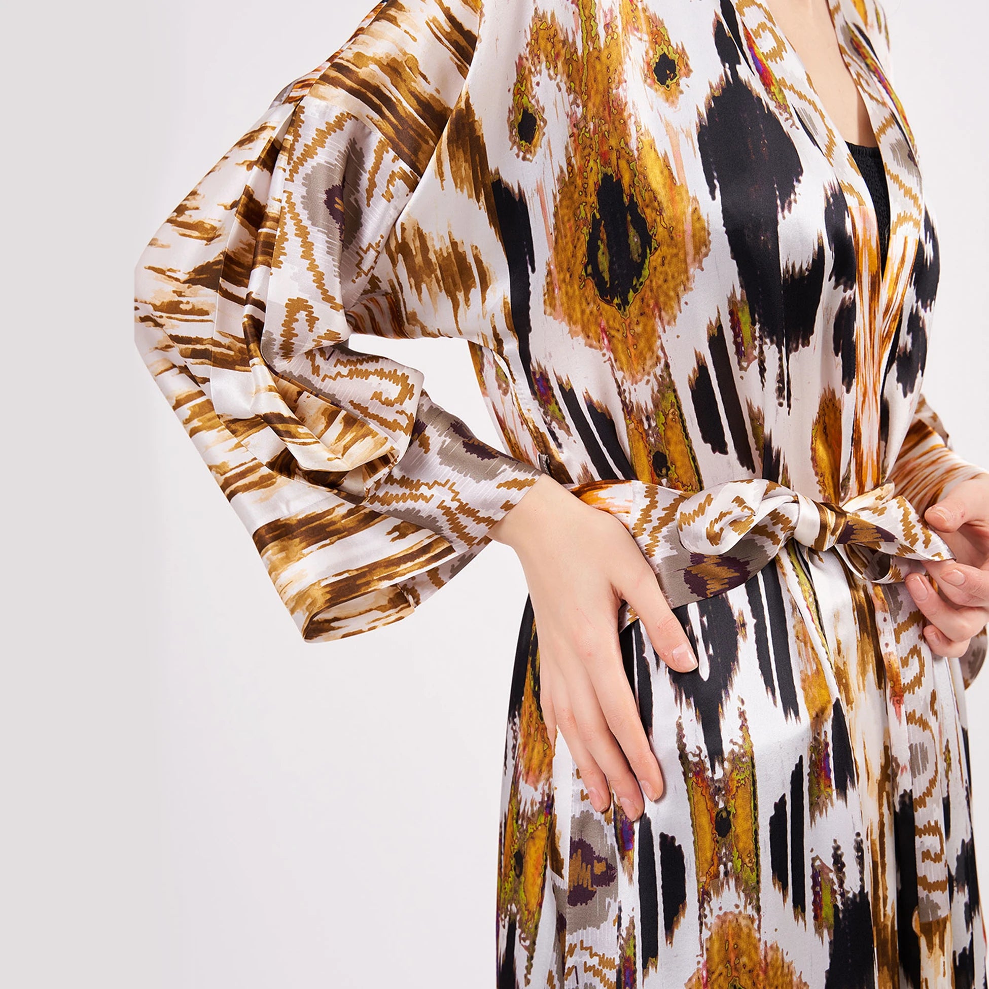%100 İpek Uzun Kimono Kaftan | Ikat Desen 18 | Nomads Felt