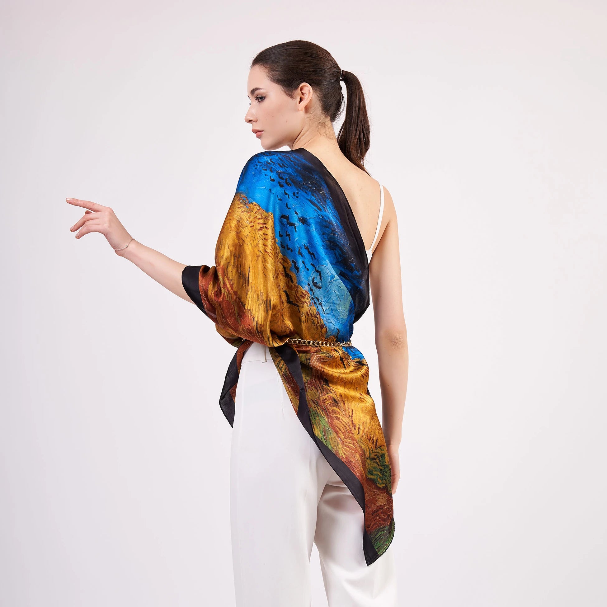 Saf İpek Fular | 55x180 cm | Van Gogh Wheatfield with Crows | Nomads Felt