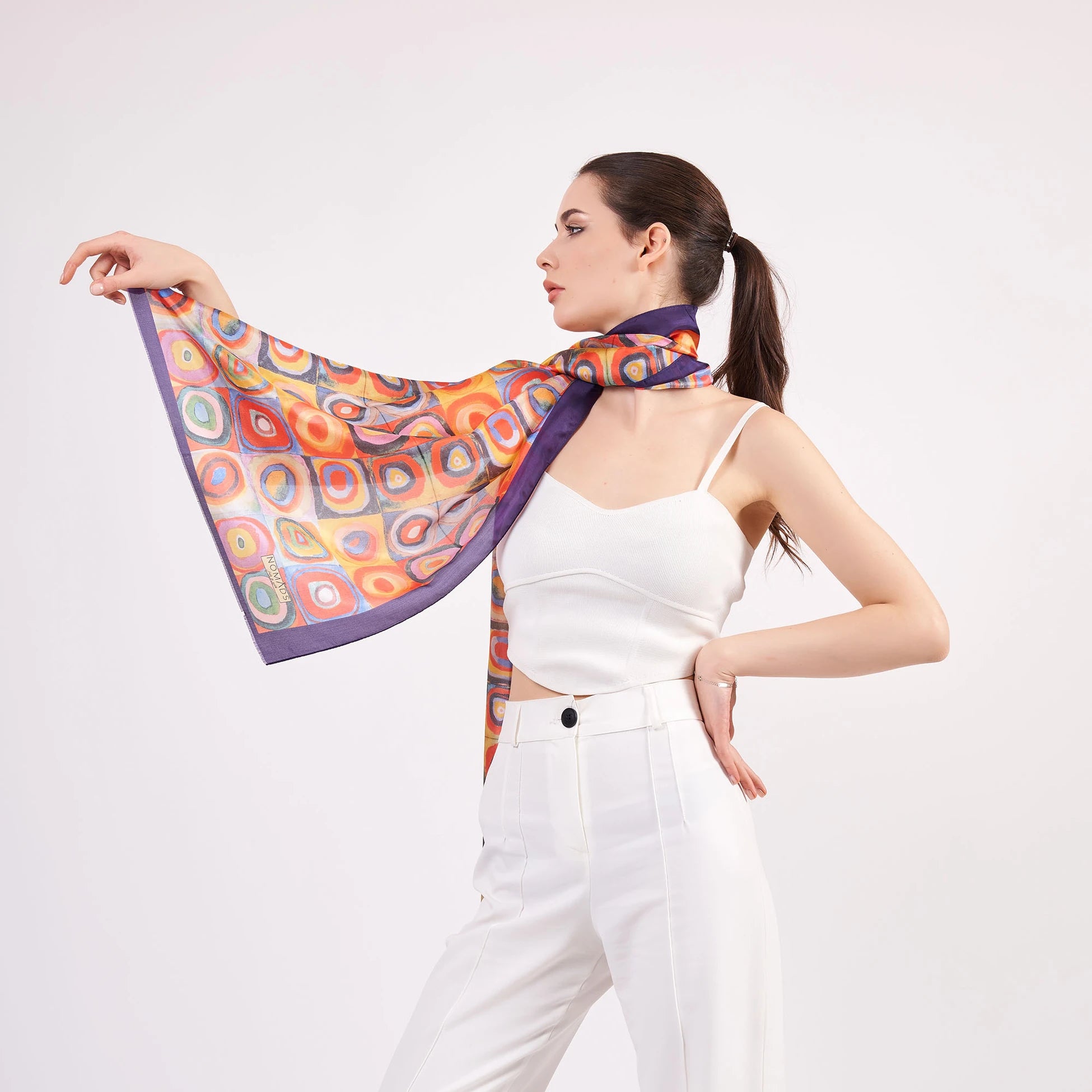 Vual İpek Fular | 55x180 cm | Mor Kandinsky Squares with Concentric Circles | Nomads Felt