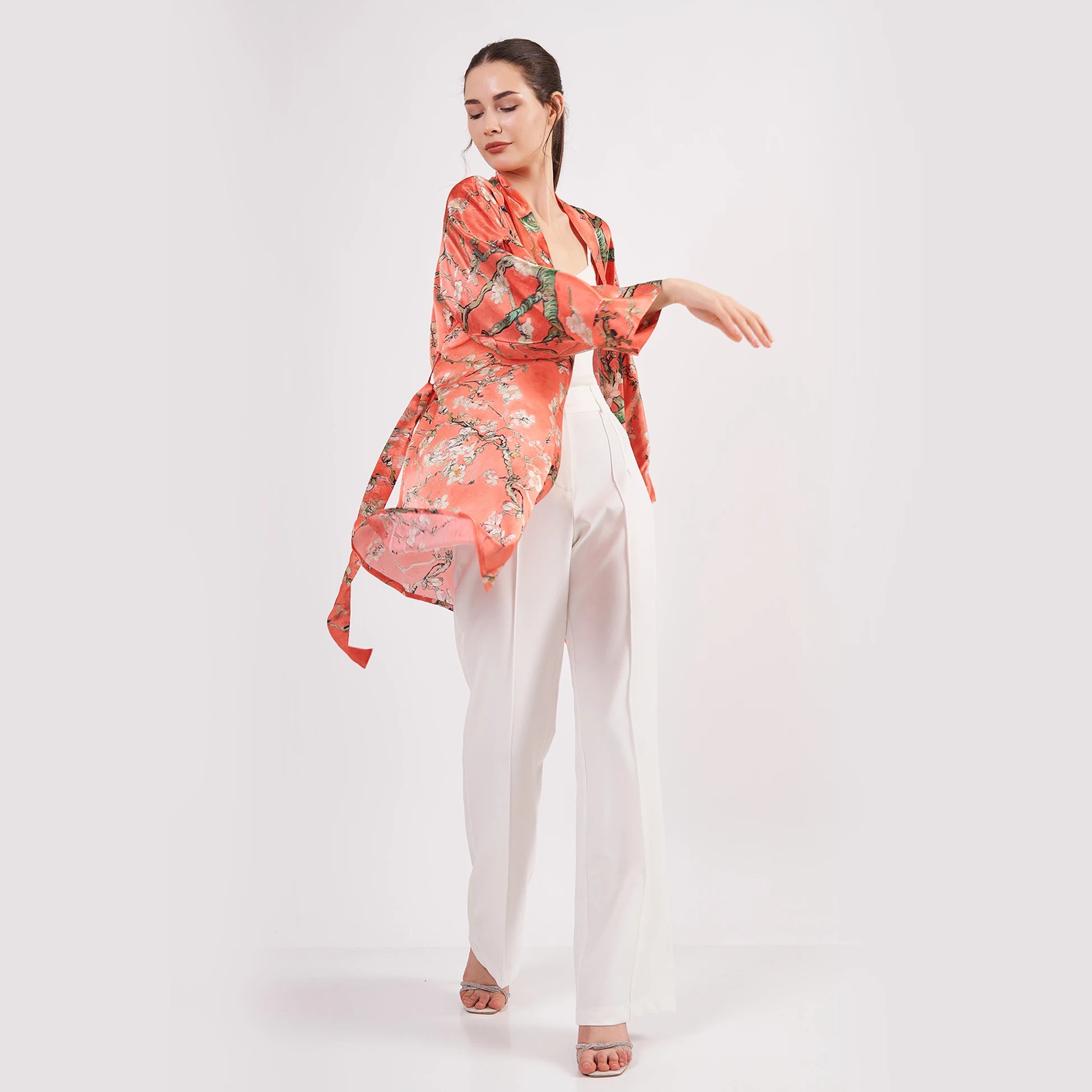 Saf İpek Kısa Kimono Kaftan | Van Gogh Badem Ağacı Nar Çiçeği | Nomads Felt