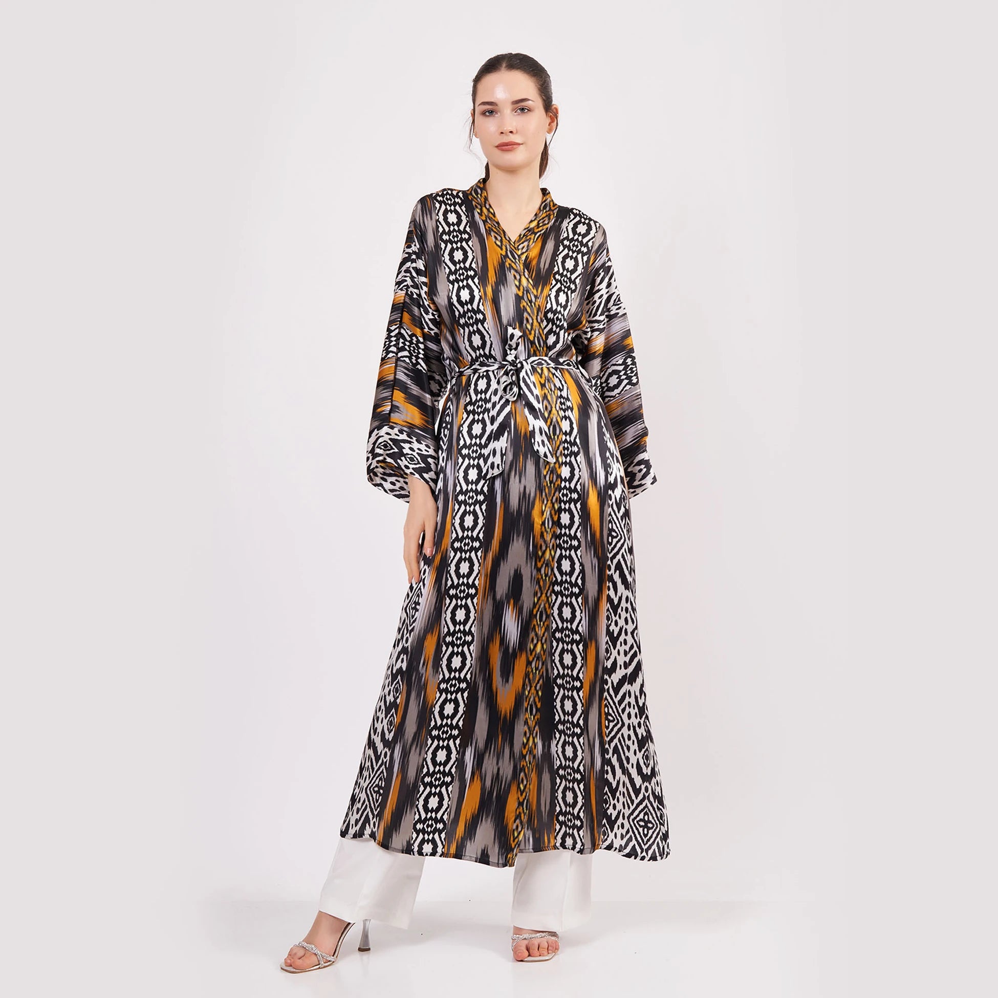 Saf İpek Uzun Kimono Kaftan | Ikat Desen 14 | Nomads Felt