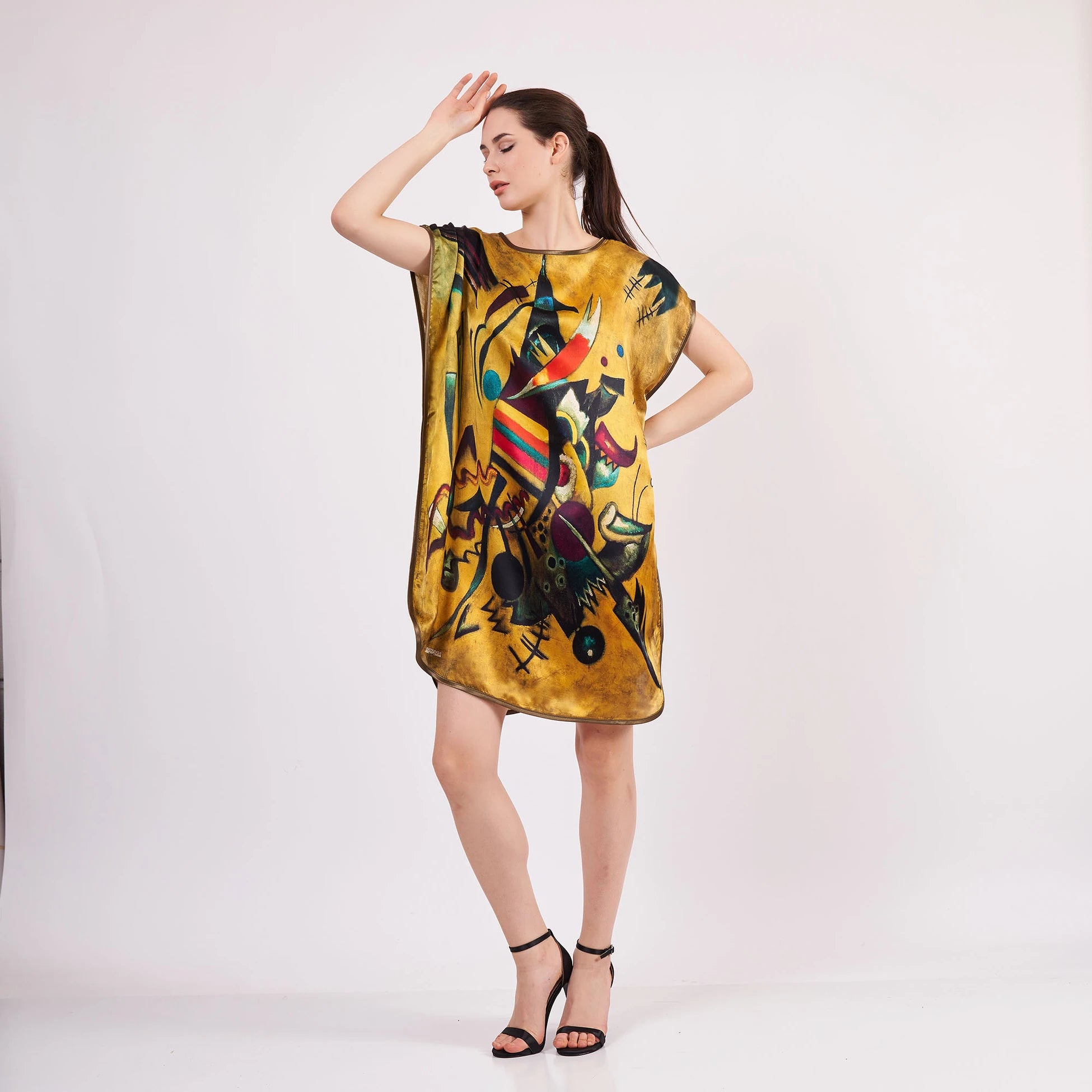 Saf İpek Kısa Elbise | Kandinsky Point and Line | Nomads Felt