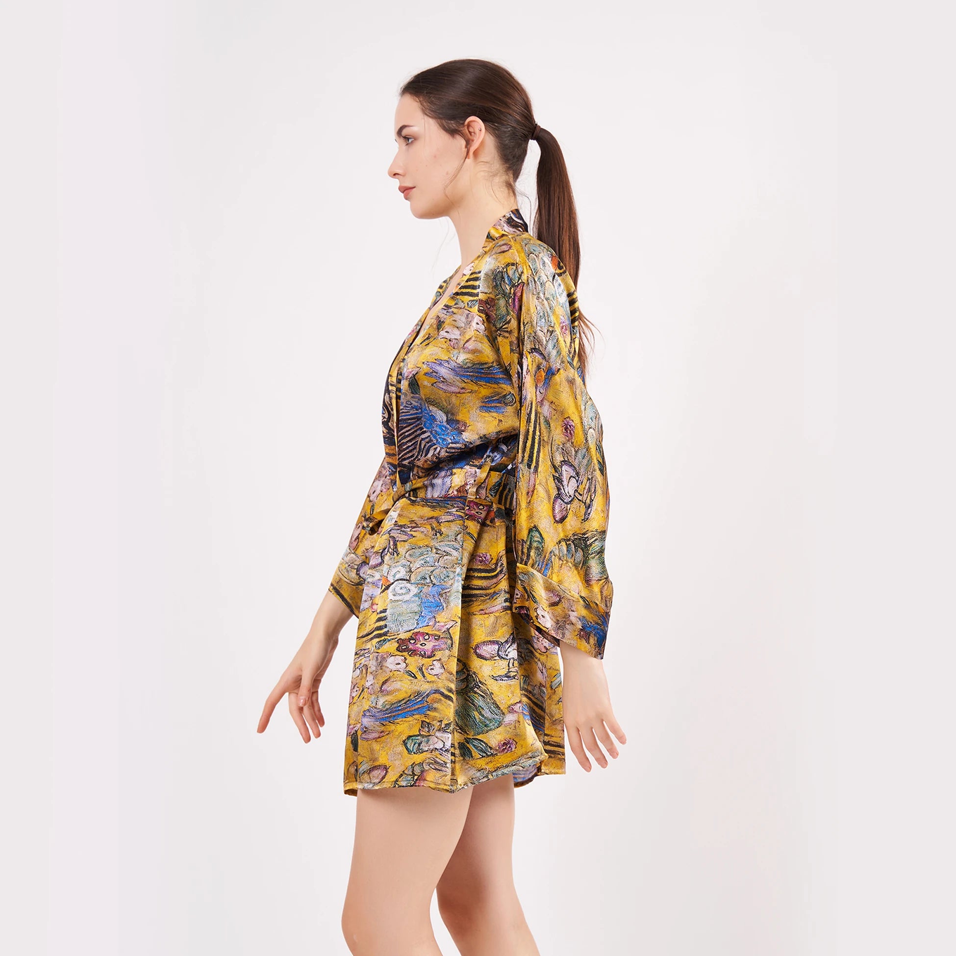 Saf İpek Kısa Kimono Kaftan | Gold Desenli | Nomads Felt