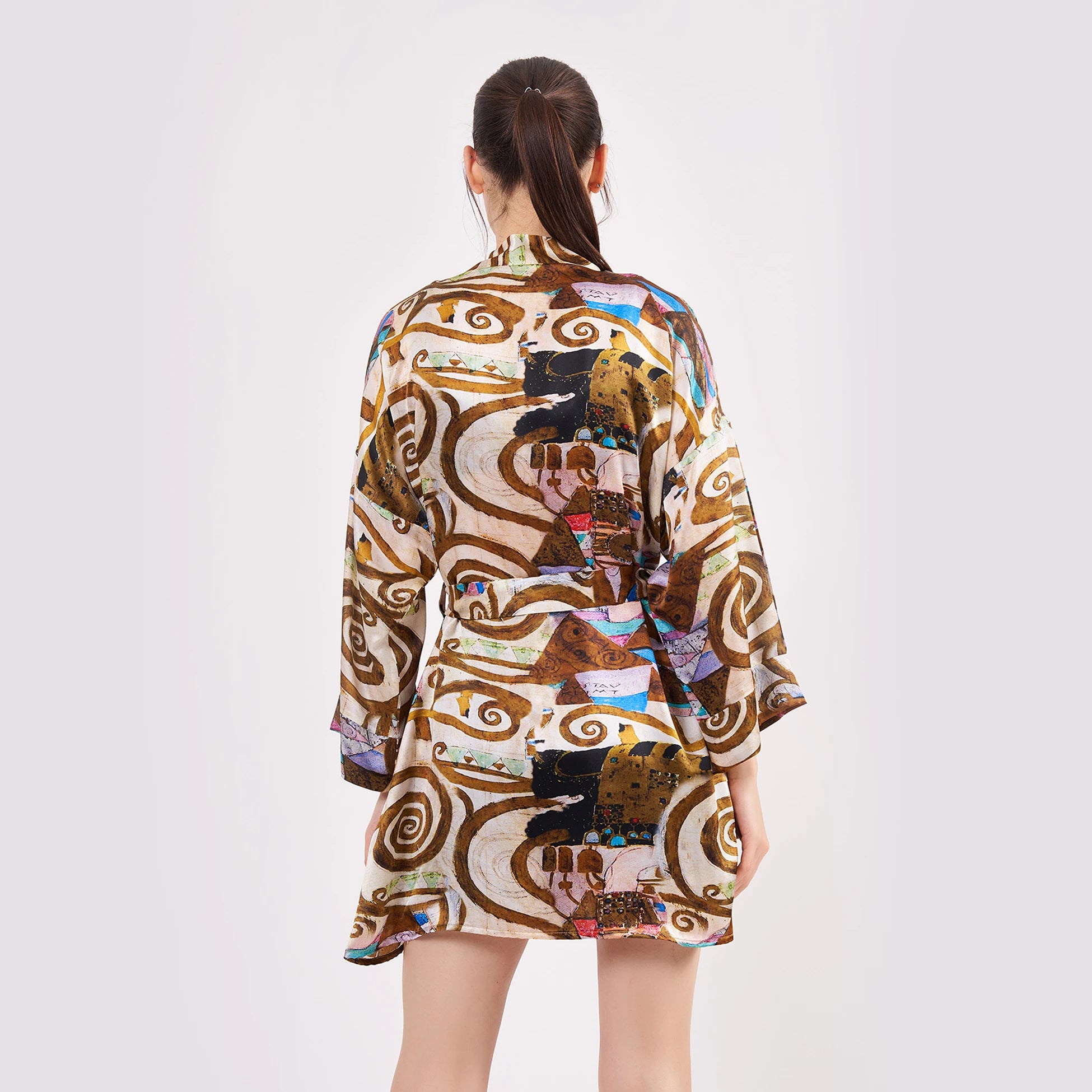 Saf İpek Kısa Kimono Kaftan | Gustav Klimt Expectation | Nomads Felt