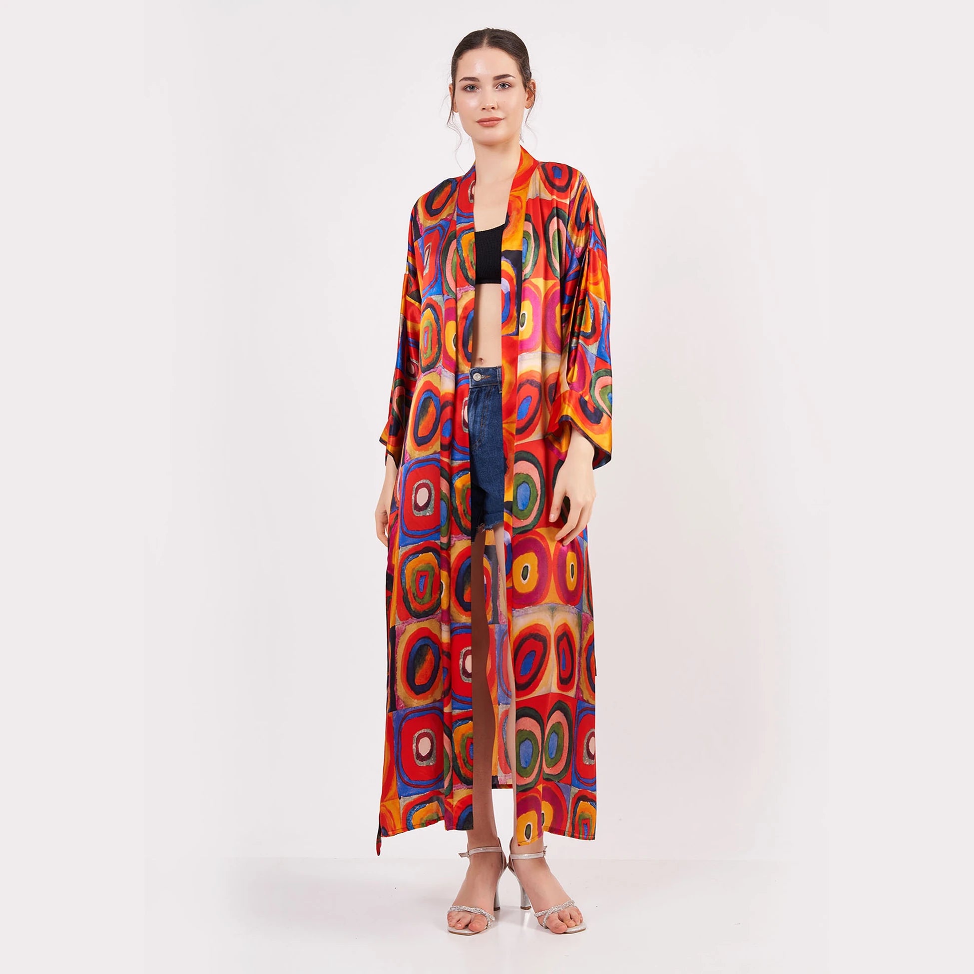 %100 İpek Uzun Kimono Kaftan | Kandinsky Squares with Circles | Nomads Felt