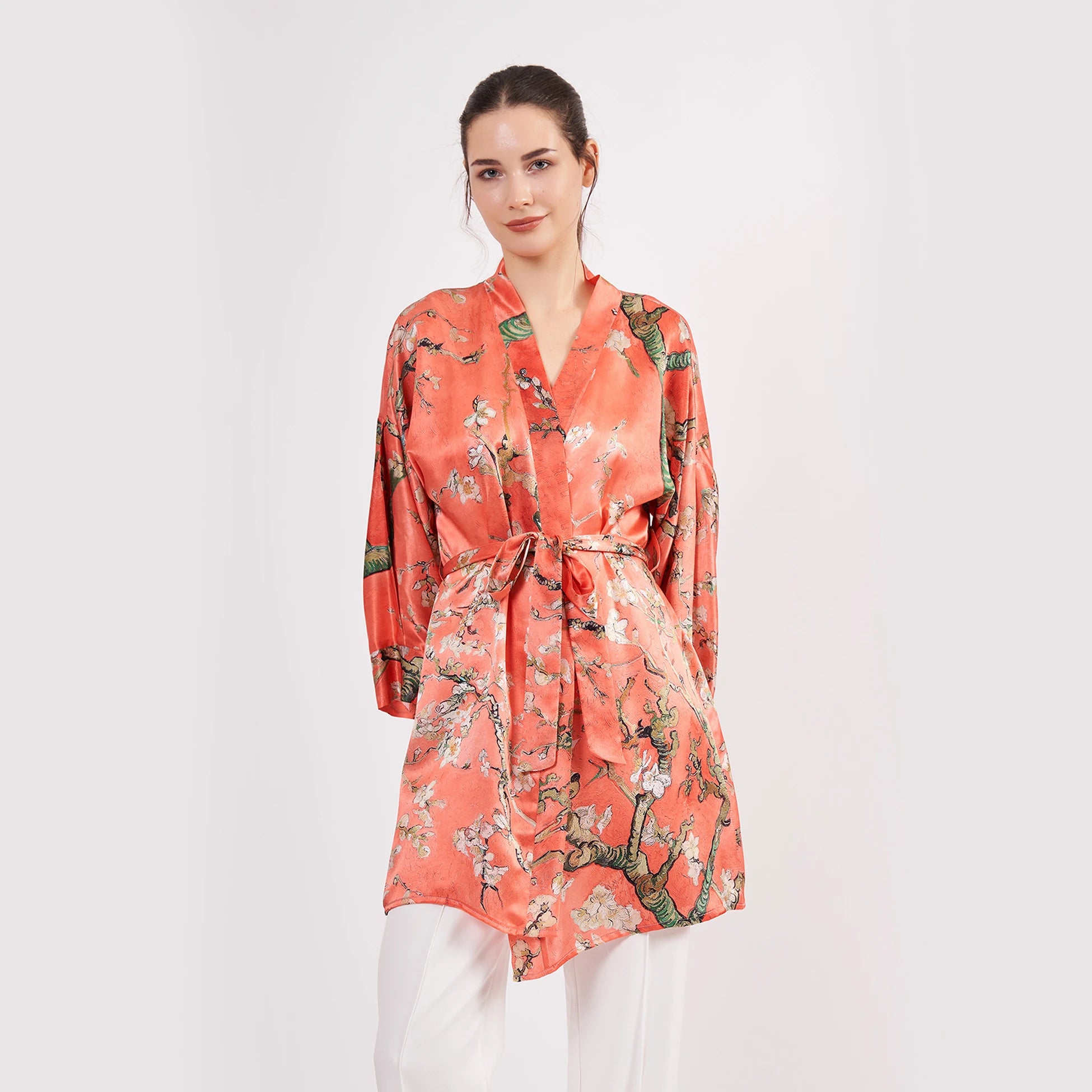 Saf İpek Kısa Kimono Kaftan | Van Gogh Badem Ağacı Nar Çiçeği | Nomads Felt