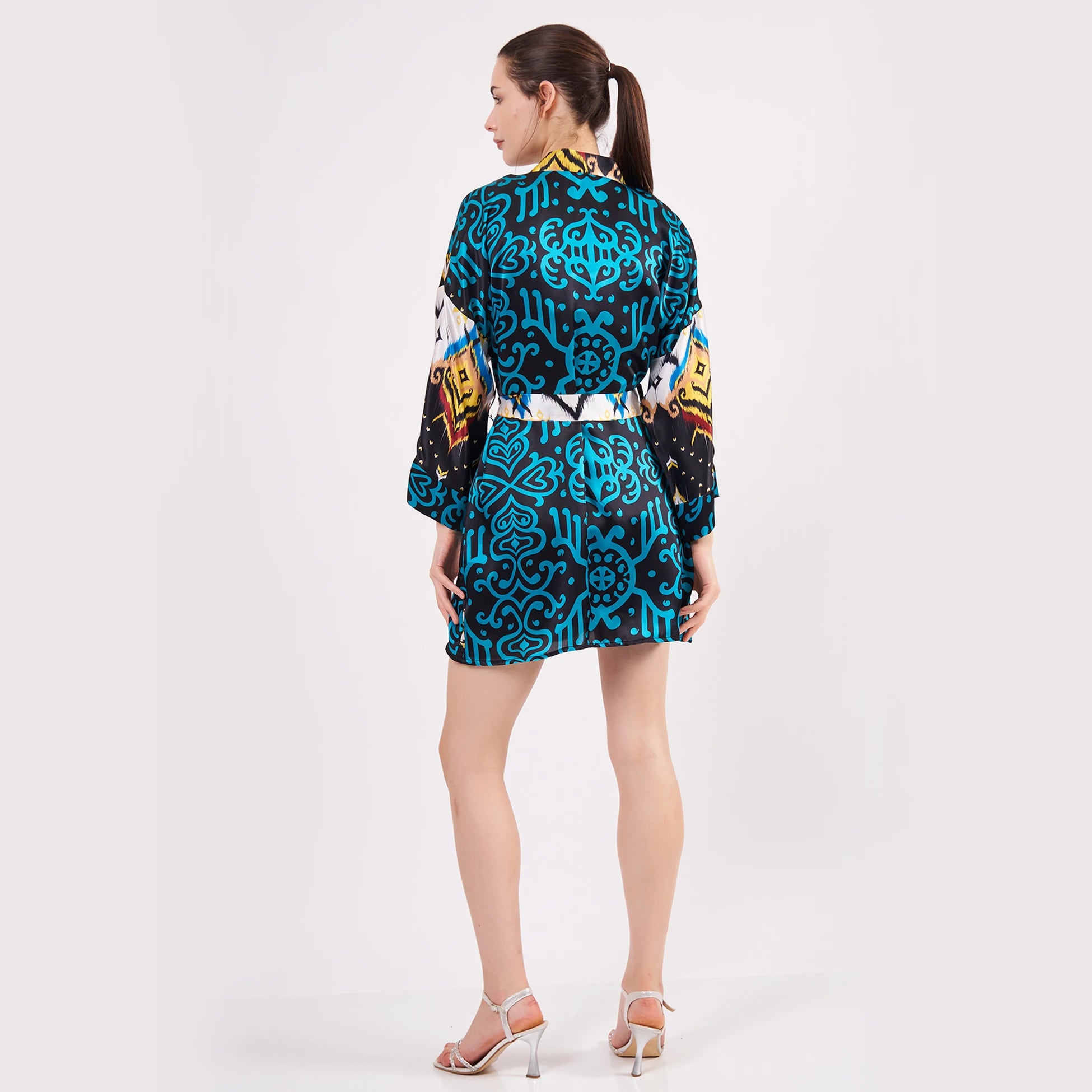 Saf İpek Kısa Kimono Kaftan | Ikat Desen 3 Turkuaz | Nomads Felt