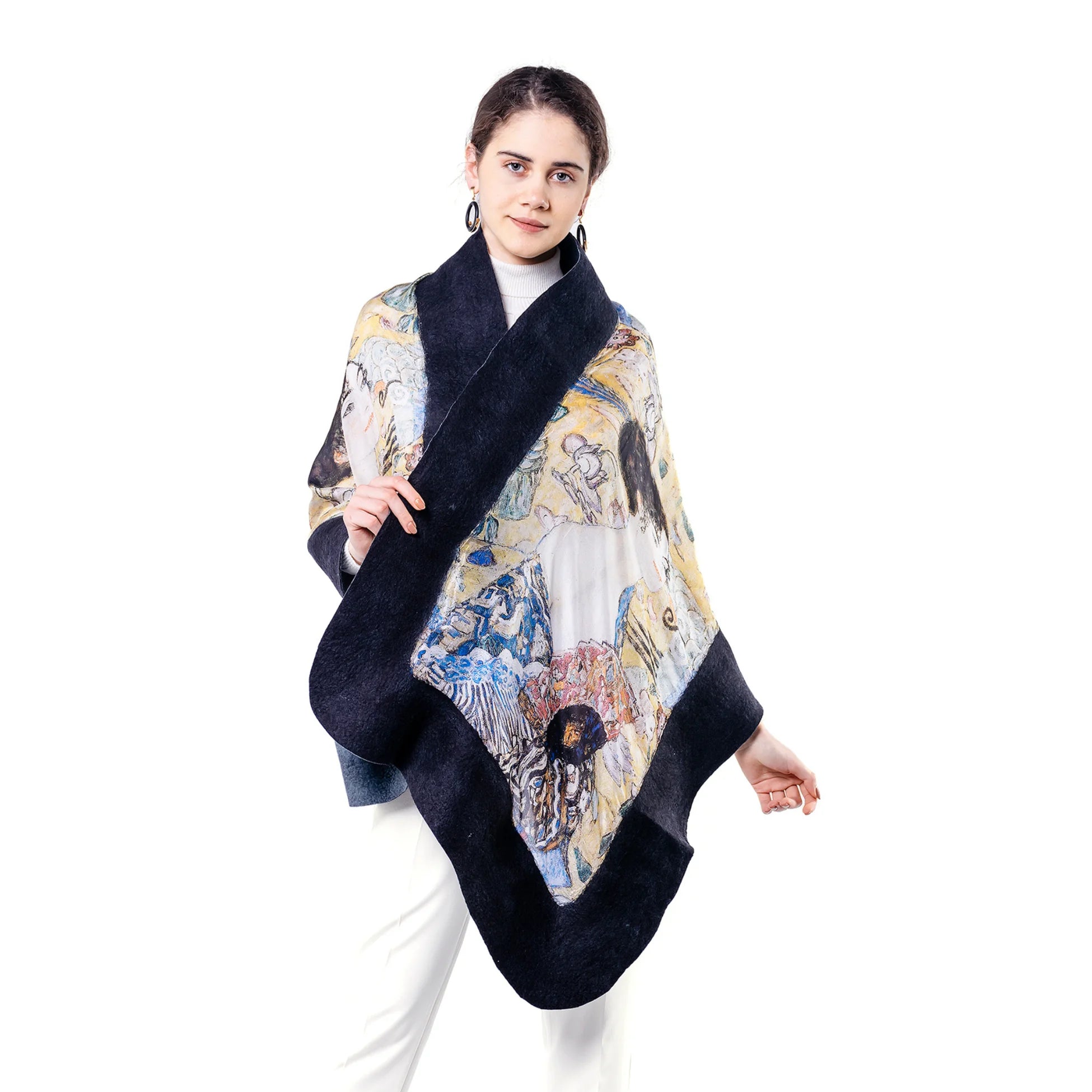 İpek Keçe Şal | Gri Siyah Gustav Klimt Lady with Fan | Nomads Felt