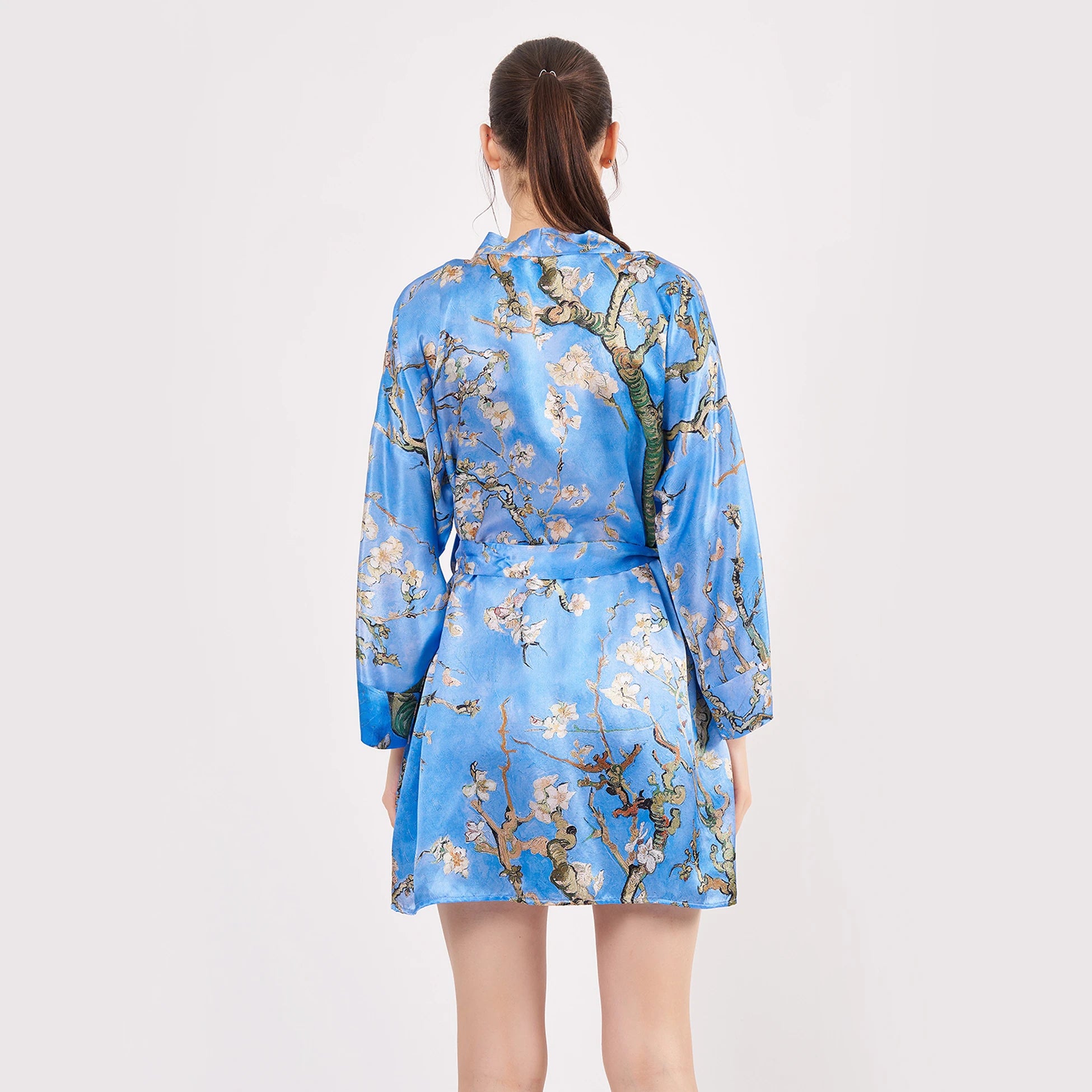Saf İpek Kısa Kimono Kaftan | Van Gogh Badem Ağacı Mavi | Nomads Felt