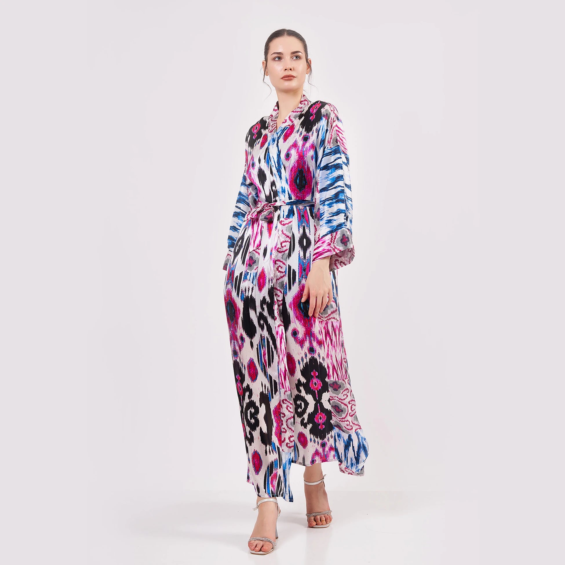 Saf İpek Uzun Kimono Kaftan | Ikat Desen 15 | Nomads Felt