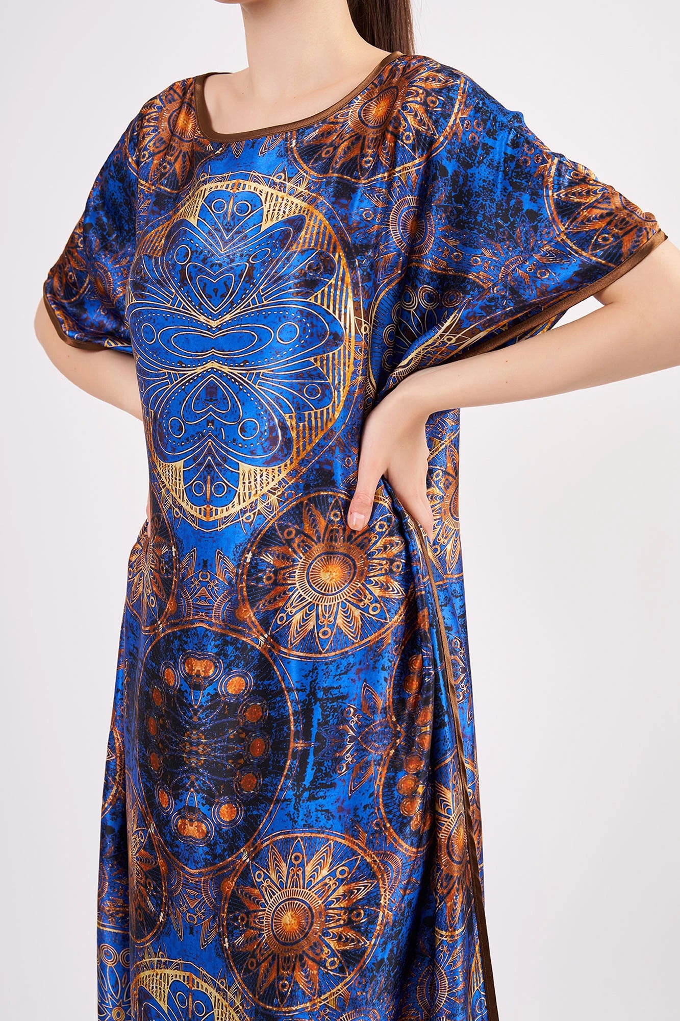 Saf İpek Uzun Elbise | Mandala Desen Saks Mavi | Nomads Felt
