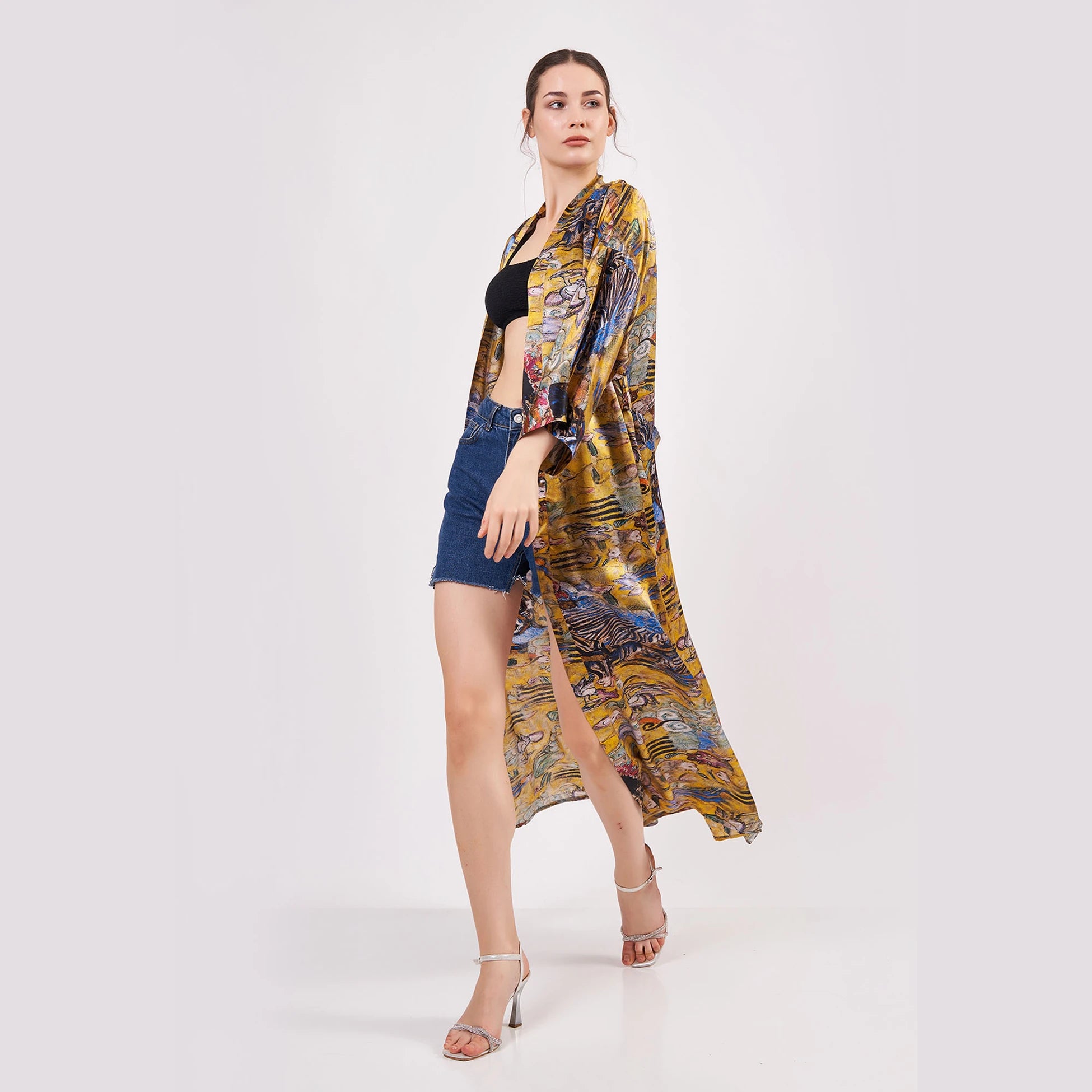 %100 İpek Uzun Kimono Kaftan | Gold Desenli | Nomads Felt