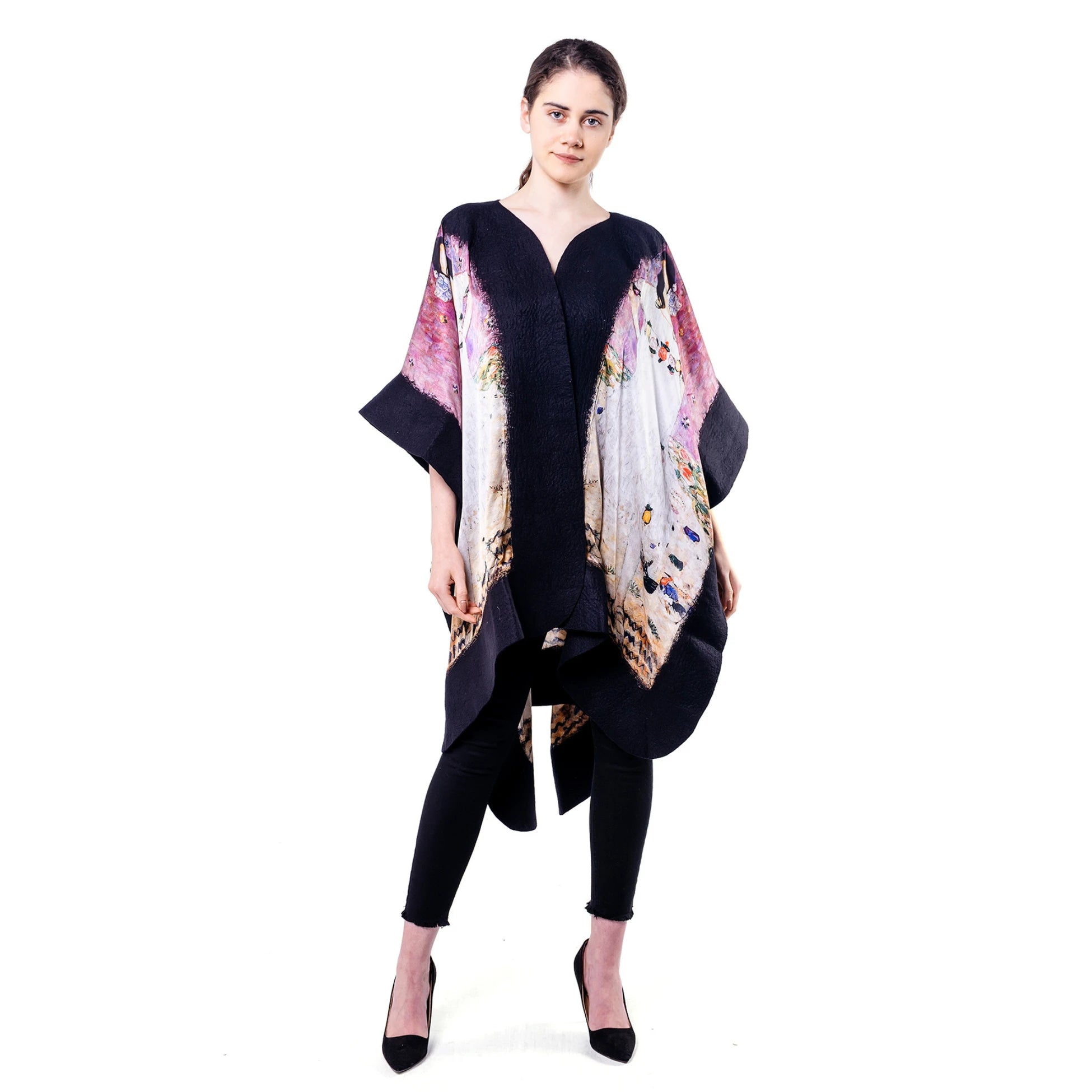 İpek Keçe Panço | Siyah Gustav Klimt Mada Primavesi | Nomads Felt