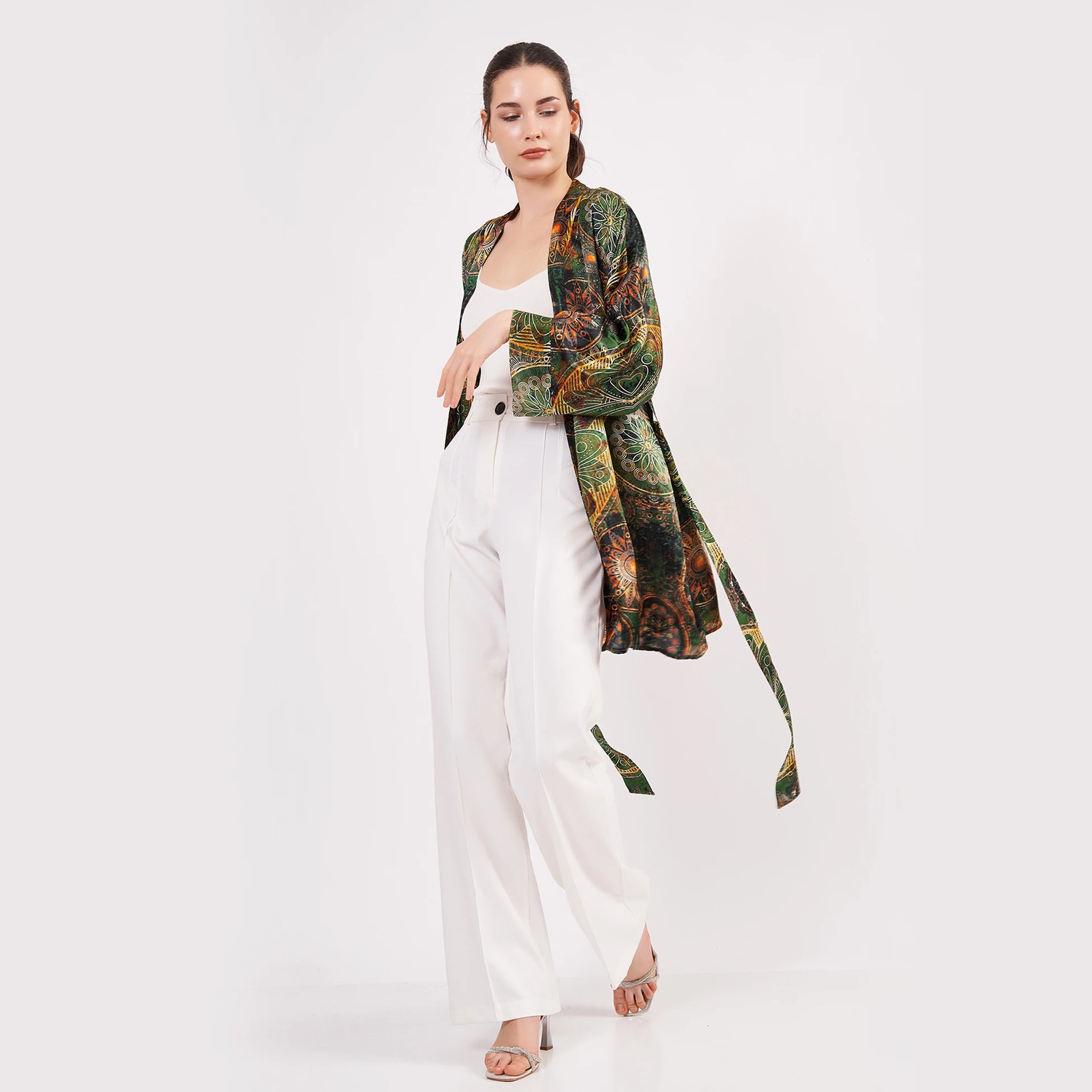 Saf İpek Kısa Kimono Kaftan | Mandala Desen 5 Haki | Nomads Felt