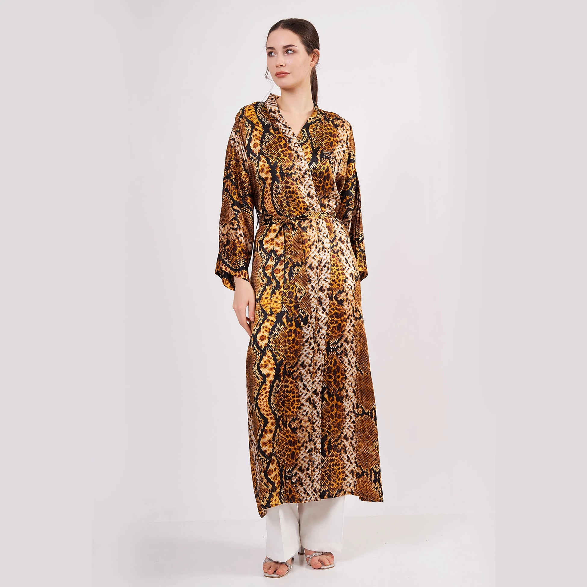 %100 İpek Uzun Kimono | Gold-Kahve | Yılan Derisi Desen | Nomads Felt
