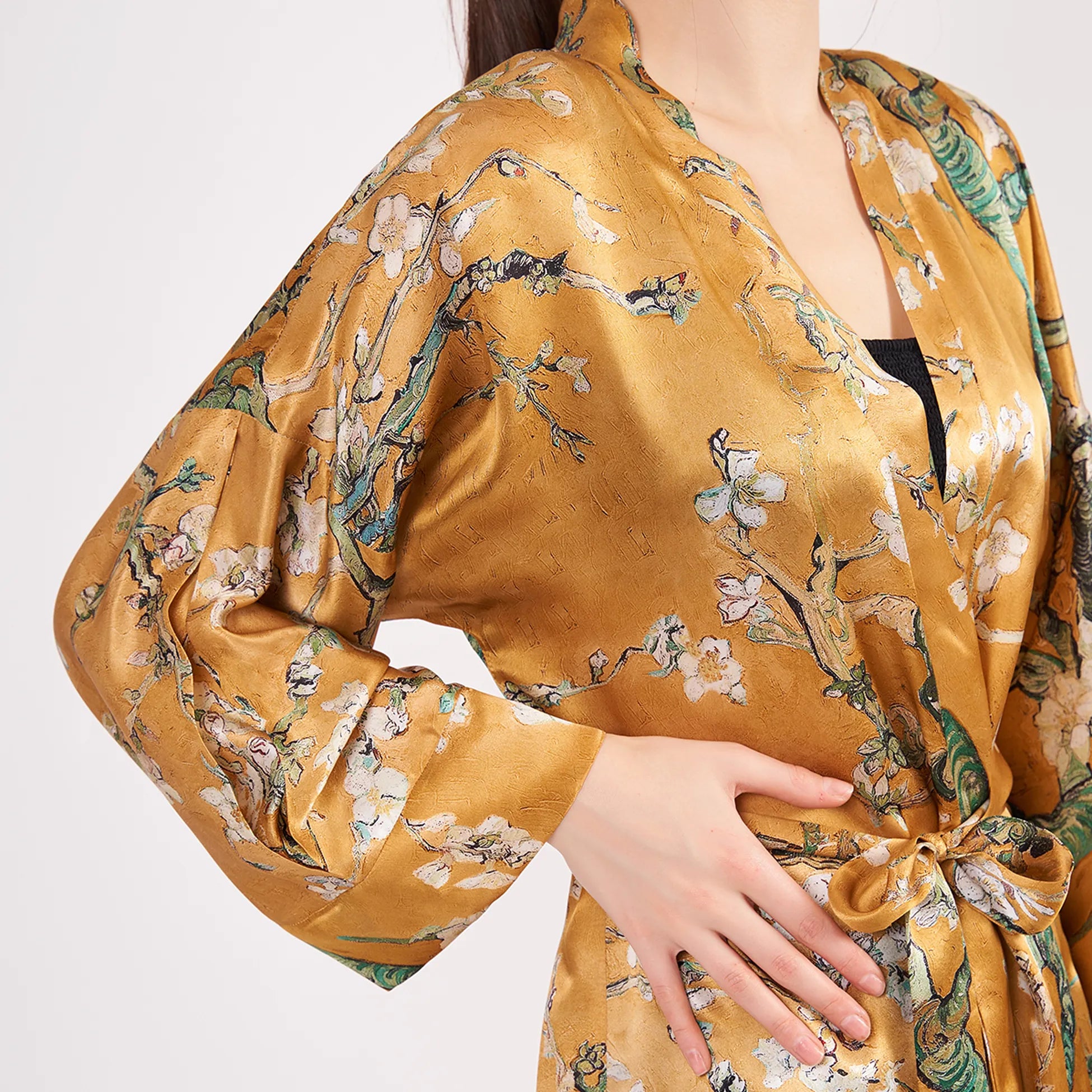 Saf İpek Kısa Kimono Kaftan | Van Gogh Badem Ağacı Gold | Nomads Felt
