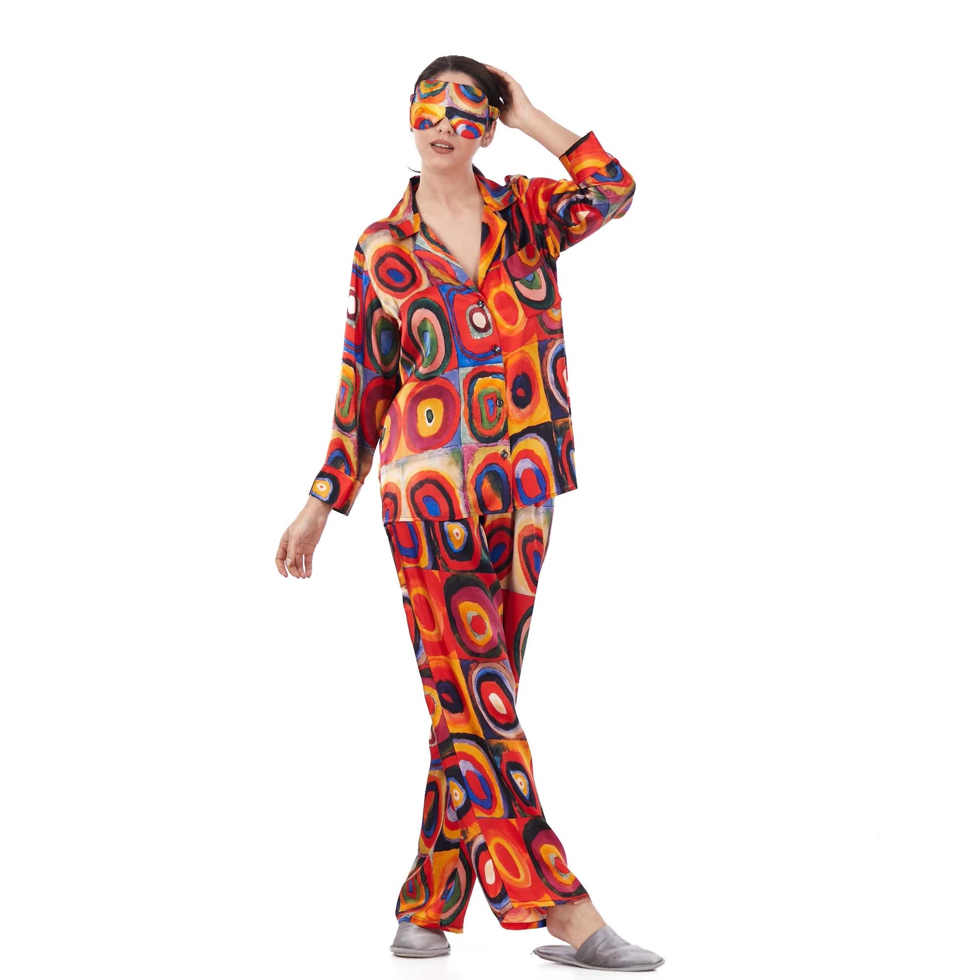 100% İpek Gömlek-Pantolon / Pijama Takımı | Kandinsky Squares with Circles | Nomads Felt