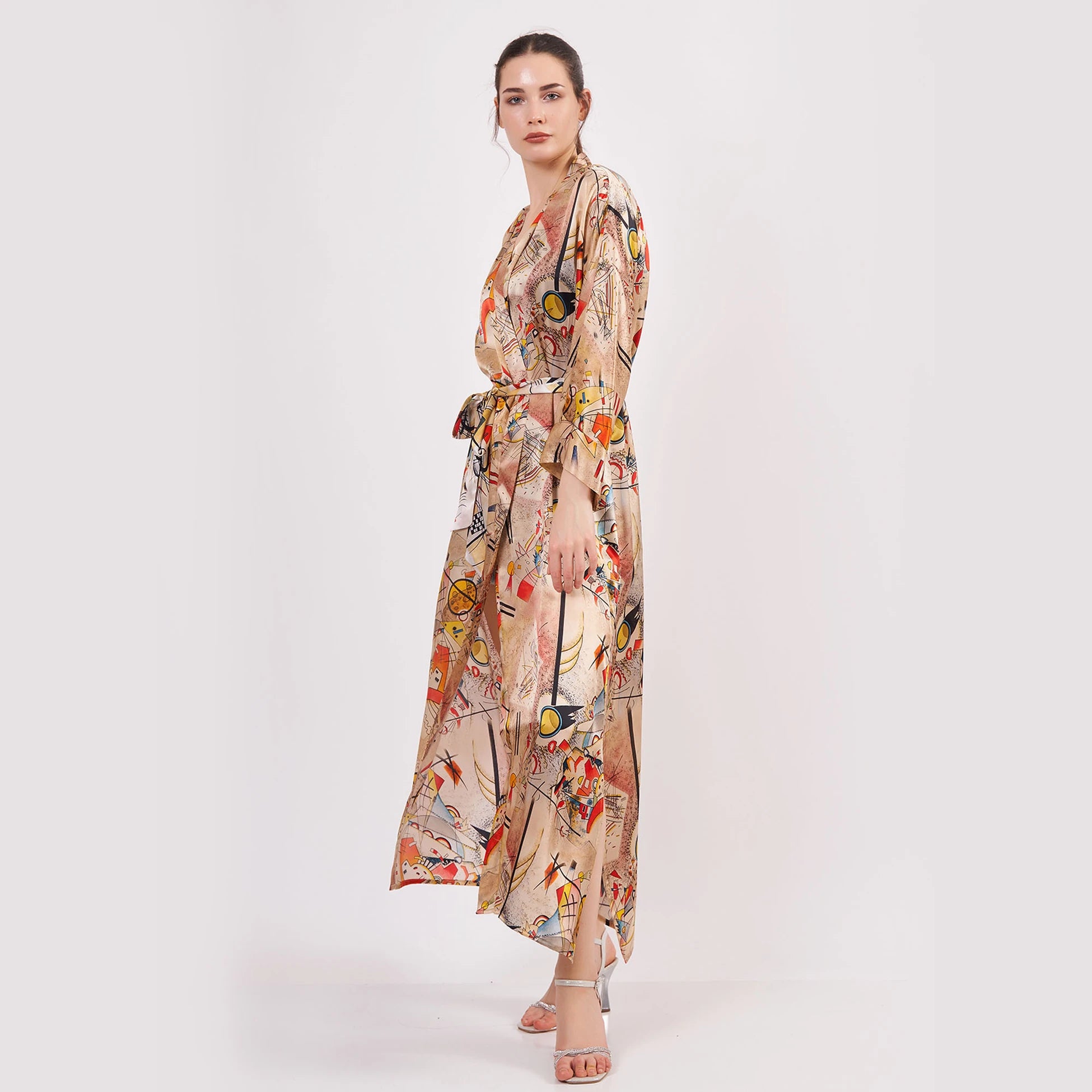 %100 İpek Uzun Kimono Kaftan | Kandinsky Bustling Aquarelle | Nomads Felt