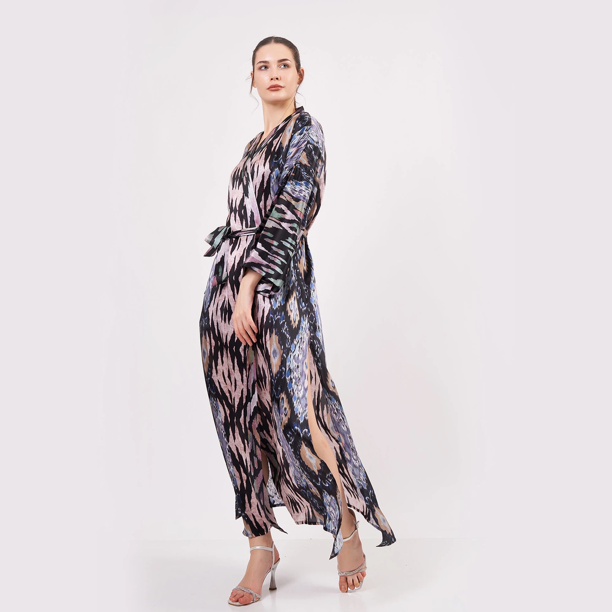 Saf İpek Uzun Kimono Kaftan | Ikat Desen 12 | Nomads Felt