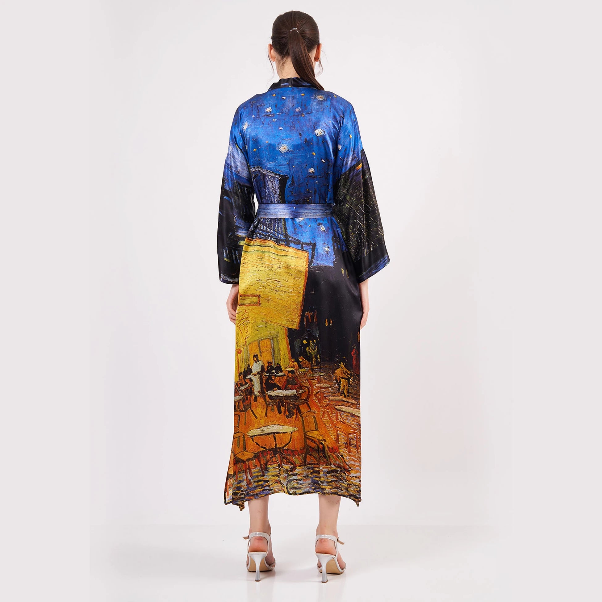%100 İpek Uzun Kimono | Van Gogh Cafe Terrace at Night | Nomads Felt