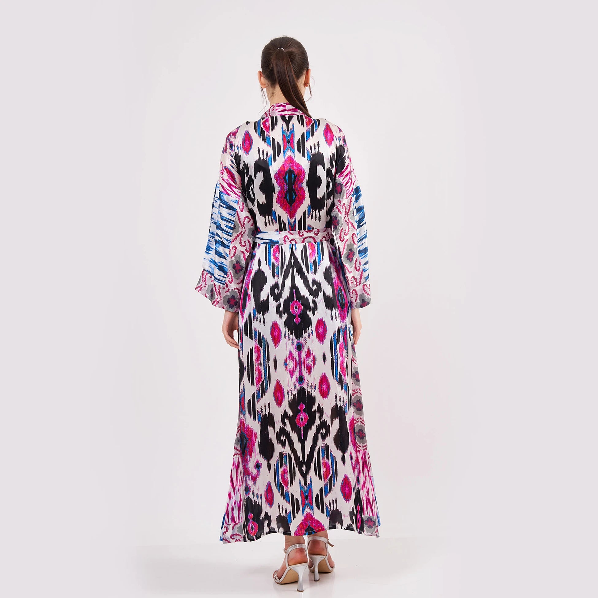 Saf İpek Uzun Kimono Kaftan | Ikat Desen 15 | Nomads Felt