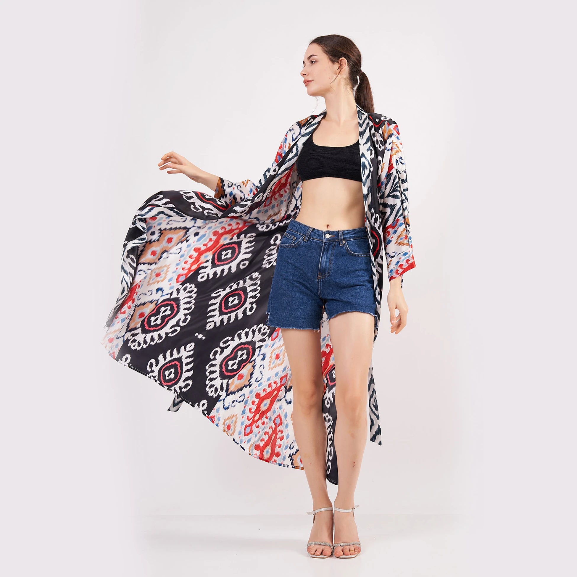 %100 İpek Uzun Kimono Kaftan | Ikat Desen 16 | Nomads Felt
