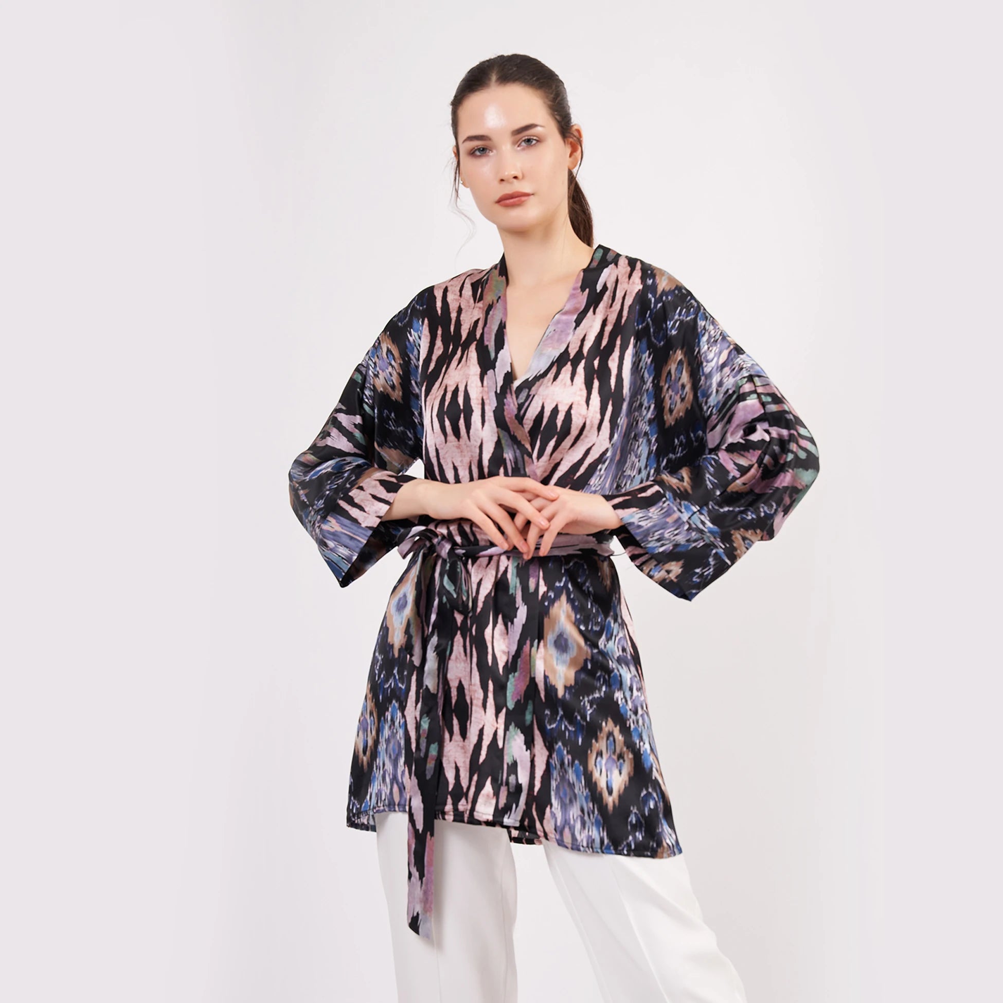 Saf İpek Kısa Kimono Kaftan | Ikat Desen 7 | Nomads Felt