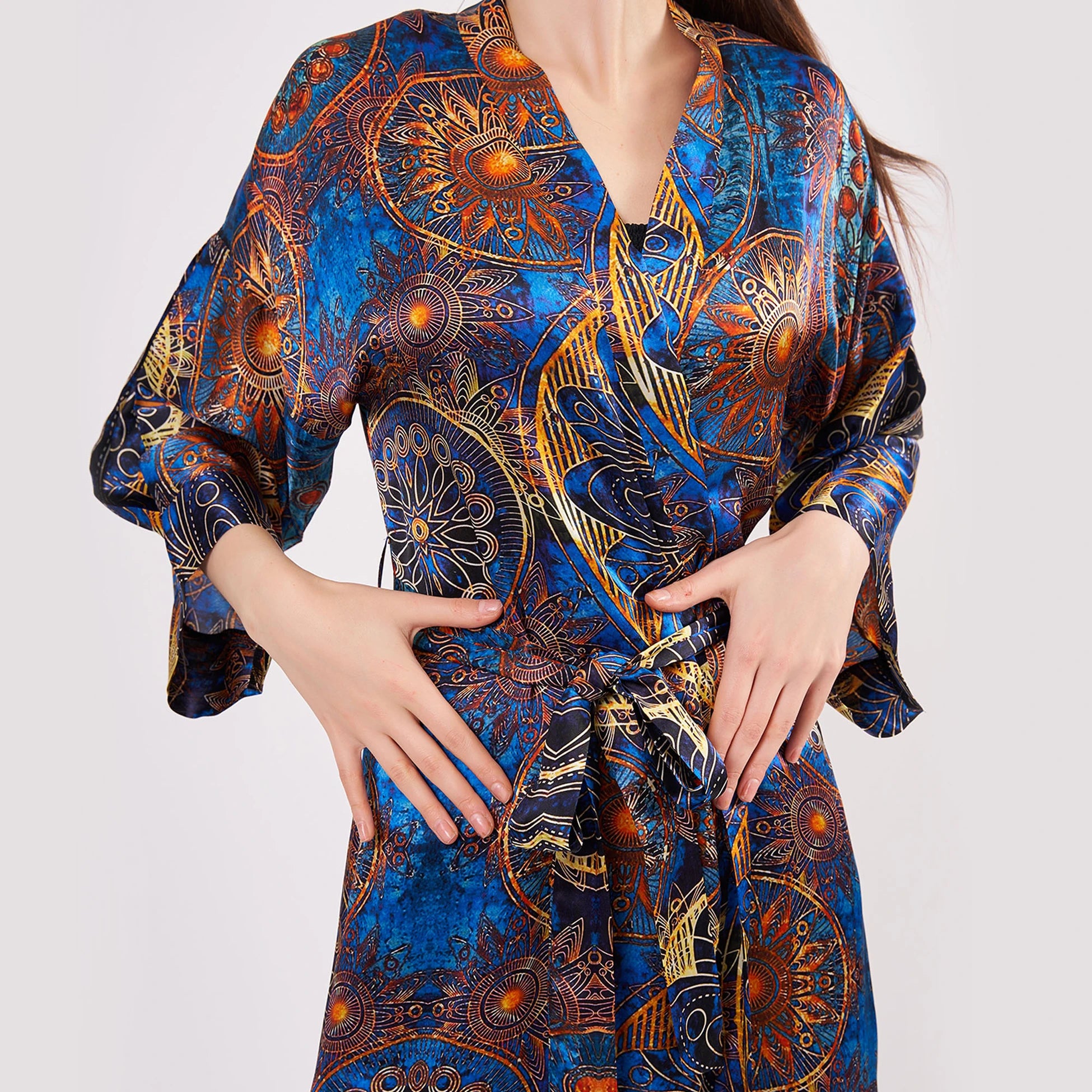 Saf İpek Uzun Kimono Kaftan | Mavi Mandala Desen 1 | Nomads Felt